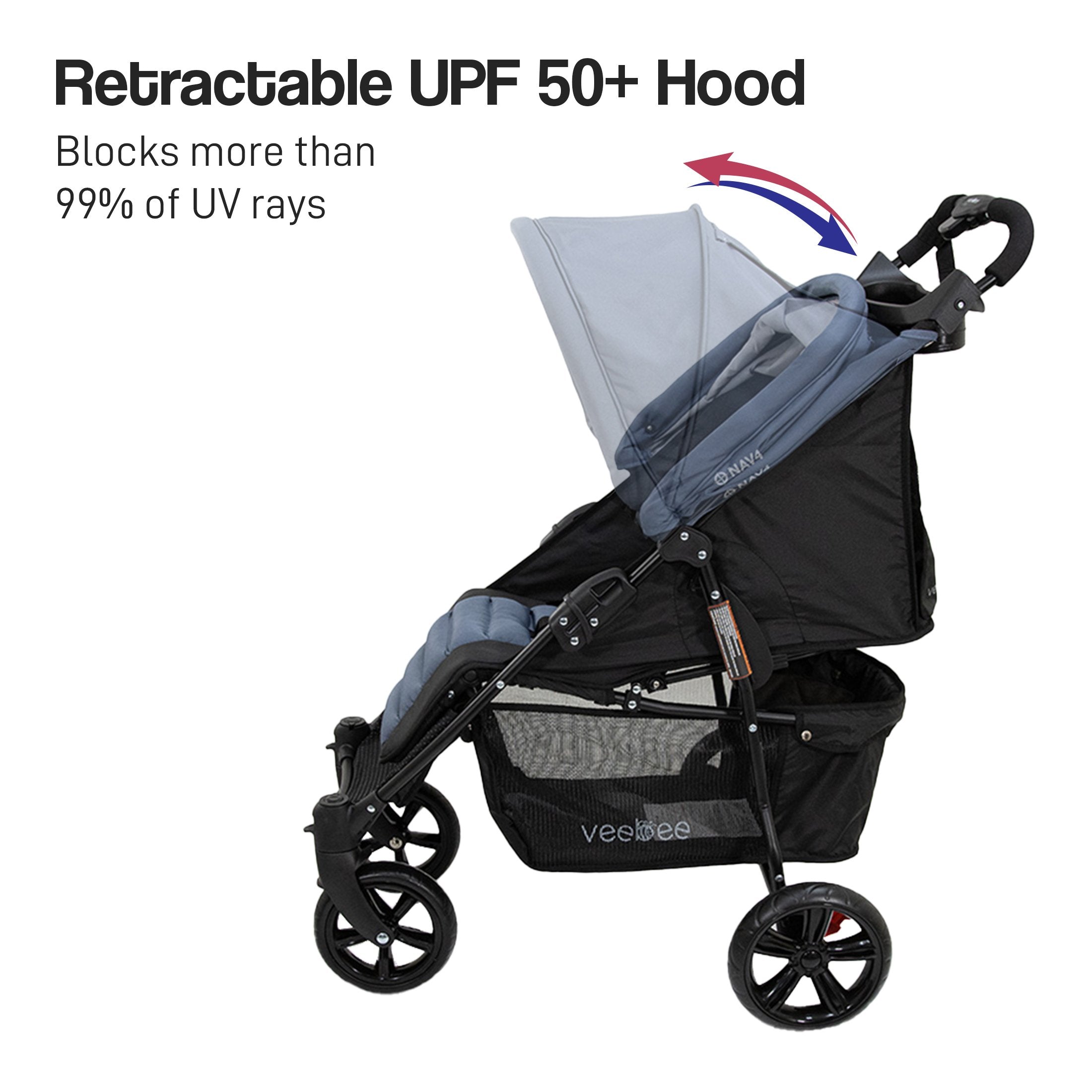 Lightweight Foldable Stroller Pram, UPF 50+ Canopy, 22kg Capacity - Veebee