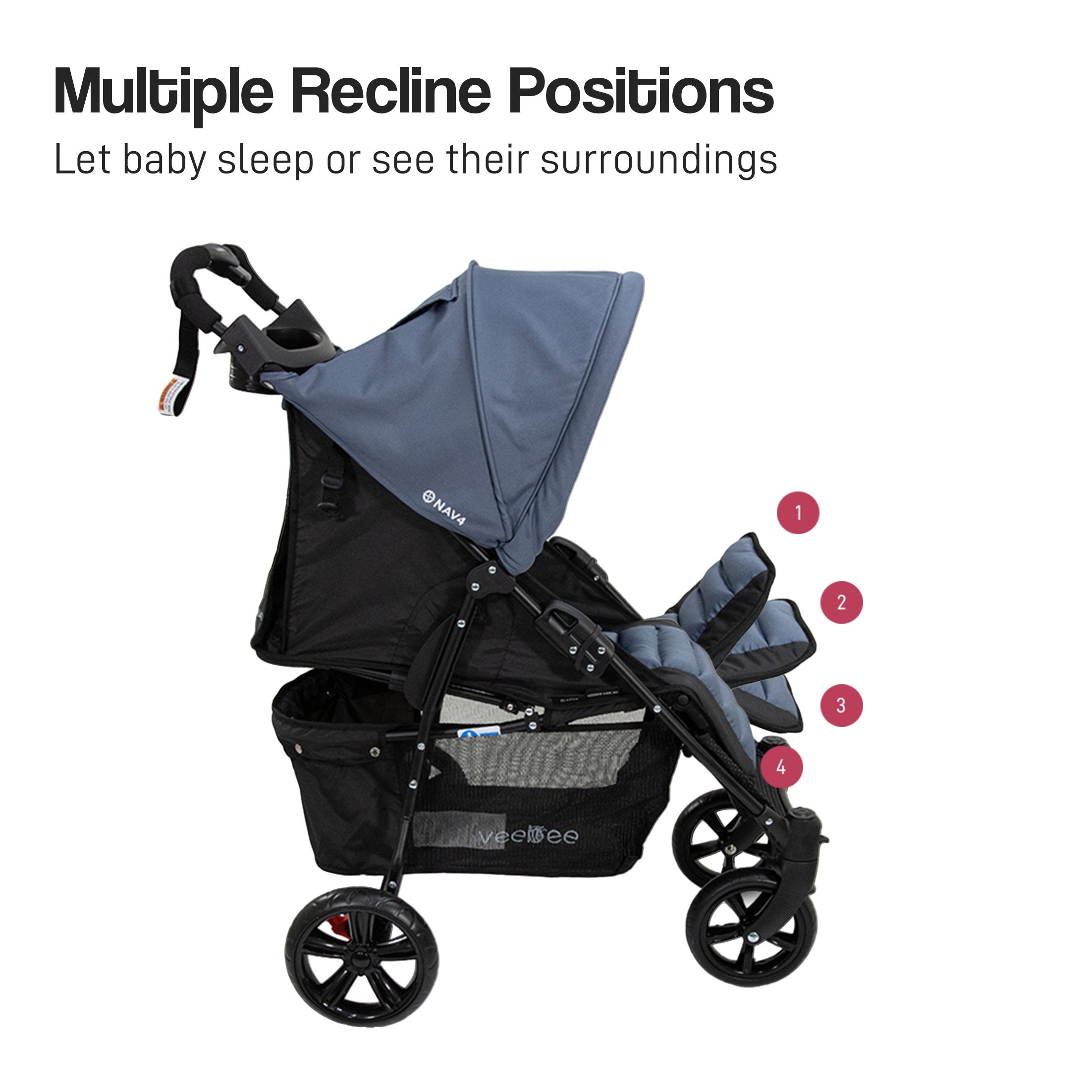 Lightweight Foldable Stroller Pram, UPF 50+ Canopy, 22kg Capacity - Veebee