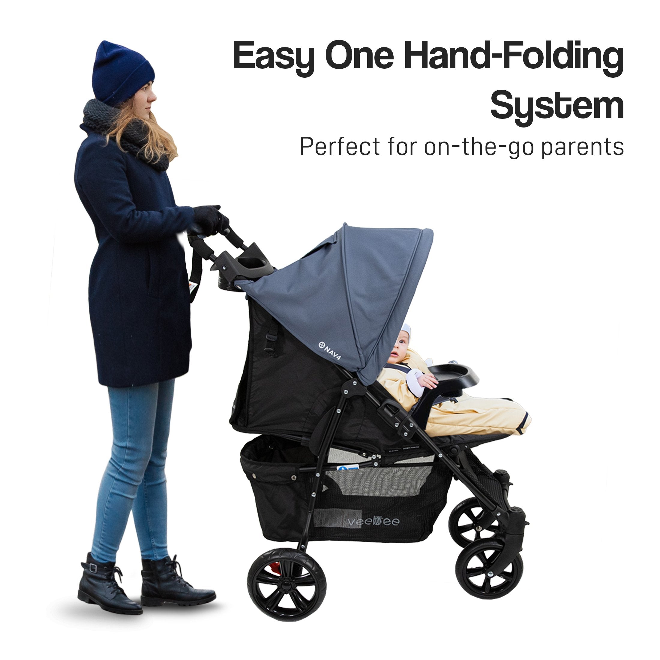 Lightweight Foldable Stroller Pram, UPF 50+ Canopy, 22kg Capacity - Veebee