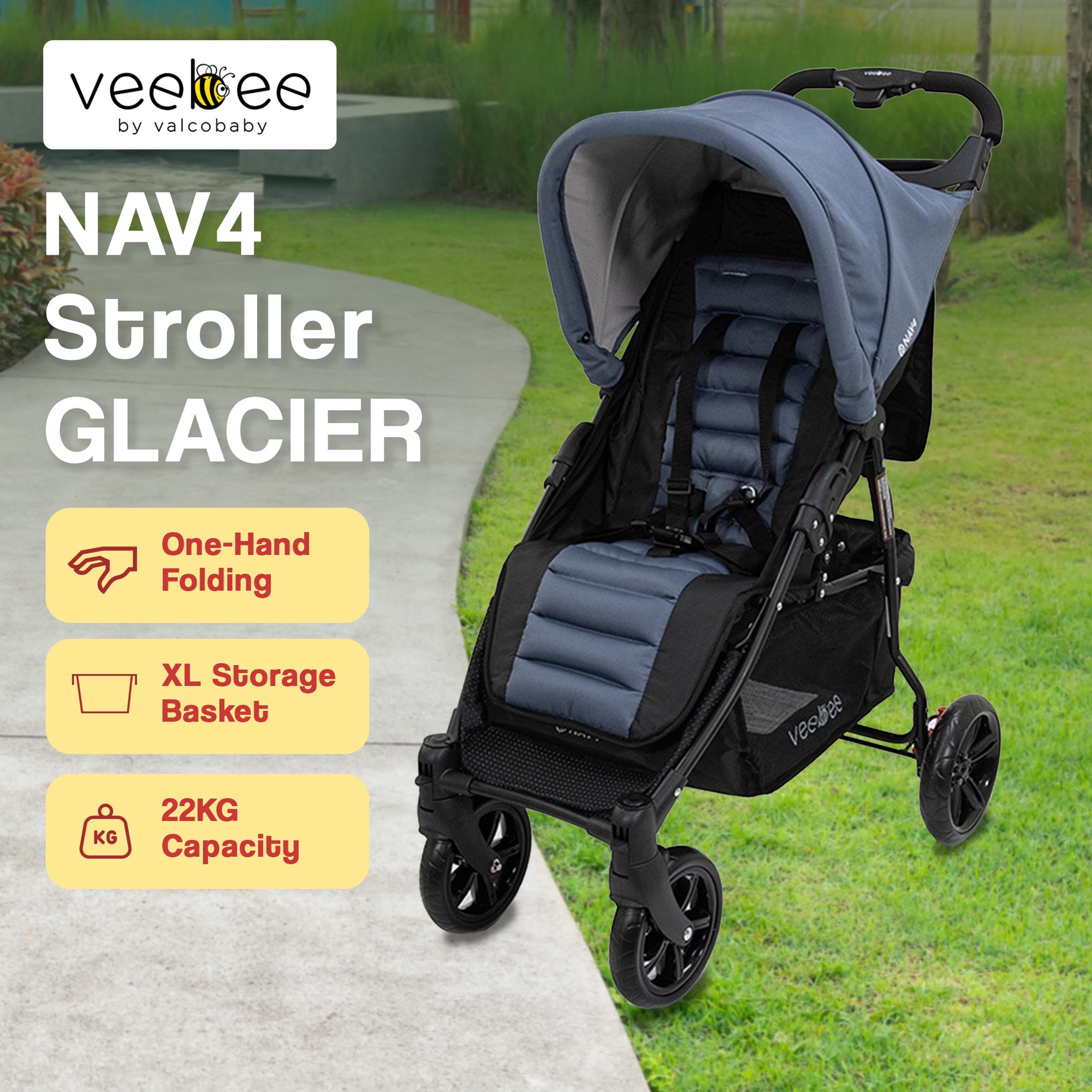 Lightweight Foldable Stroller Pram, UPF 50+ Canopy, 22kg Capacity - Veebee