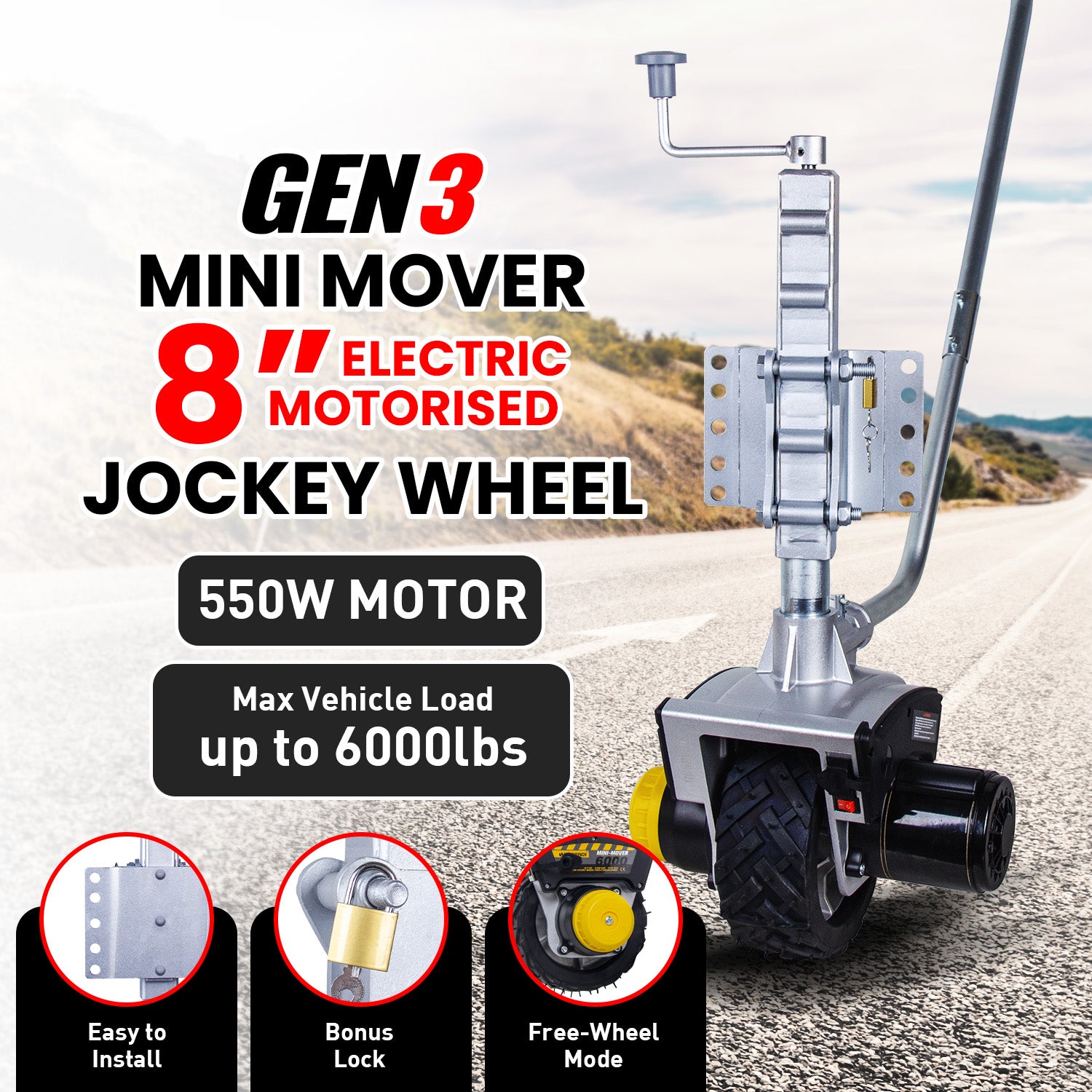 12V 550W Electric Motorised Jockey Wheel with No-Flat Tire