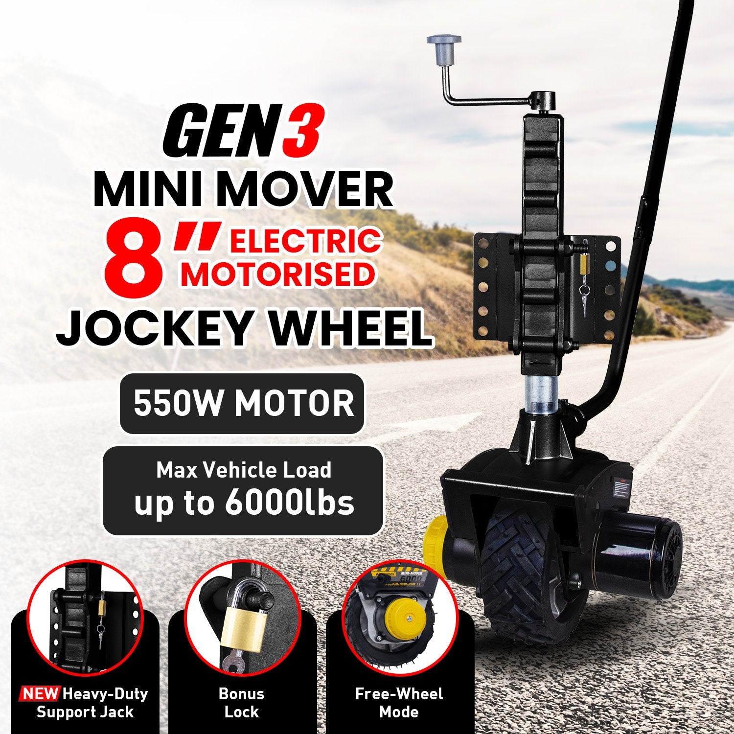 Heavy-Duty Electric Jockey Wheel with No-Flat Tire, Mini Mover Gen3