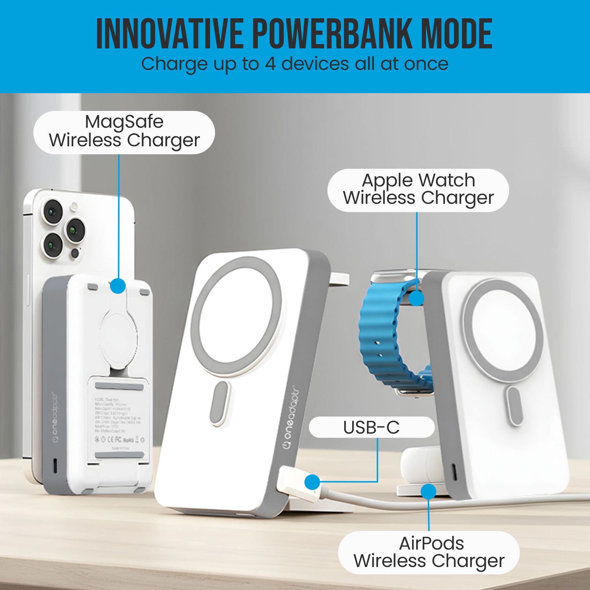 OneAdaptr OneGo White 5 in 1 MagSafe Charging Stand Power Bank