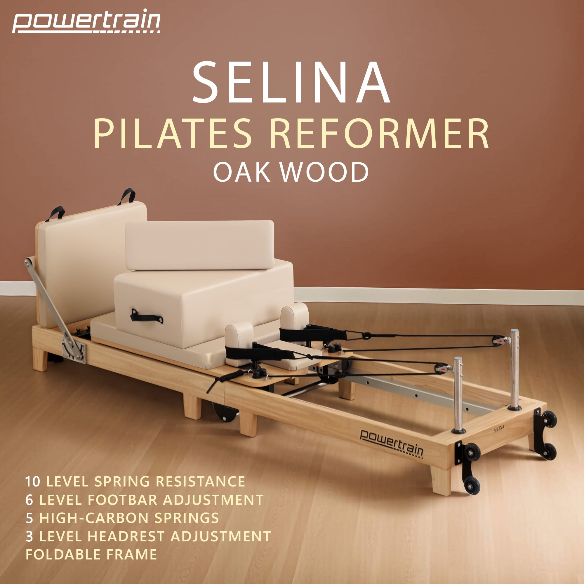 Powertrain Selina Pilates Reformer Machine Wooden Folding Multifunctional Home Gym Equipment with Jumpboard & Sitting Box Oak Beige