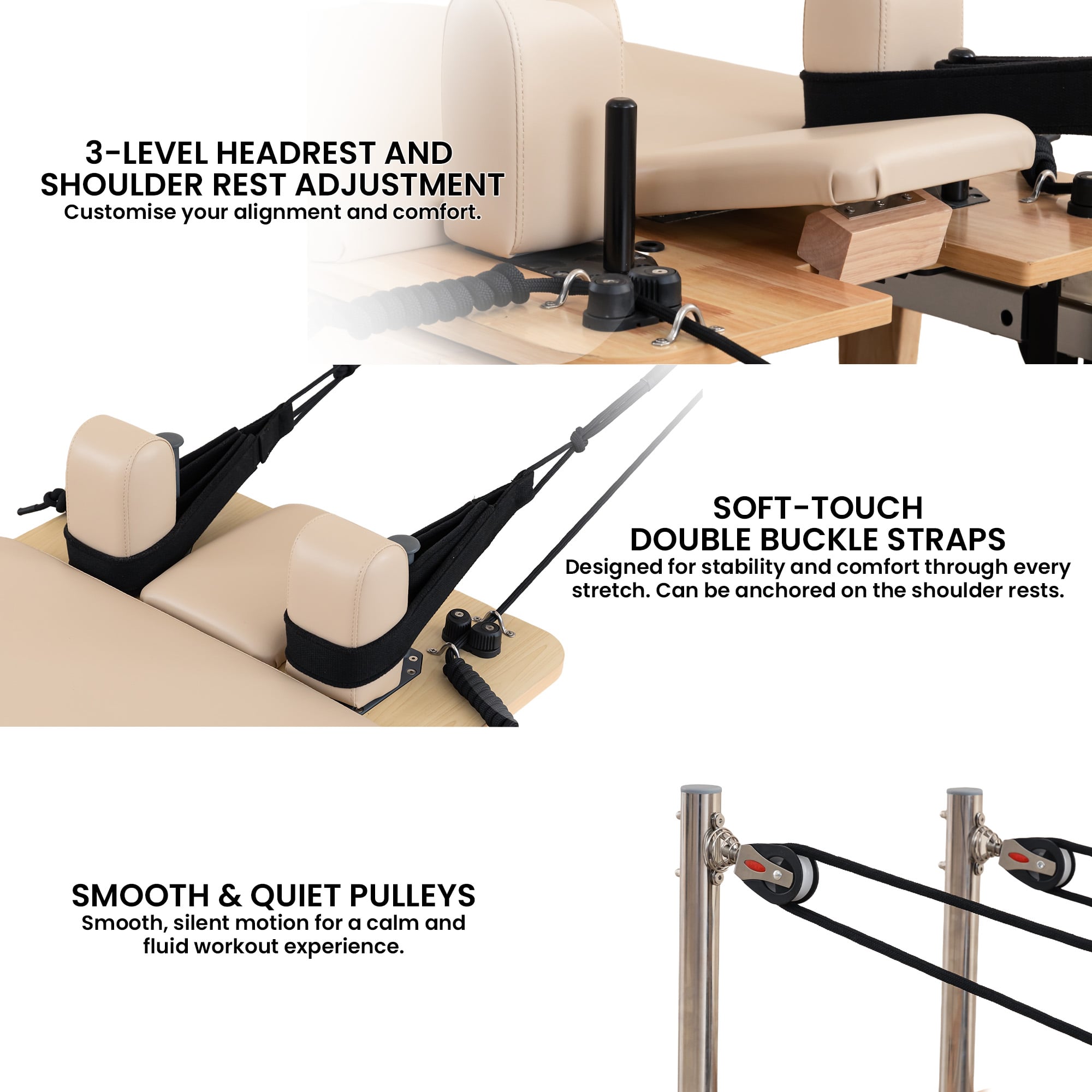 Powertrain Selina Pilates Reformer Machine Wooden Folding Multifunctional Home Gym Equipment with Jumpboard & Sitting Box Oak Beige