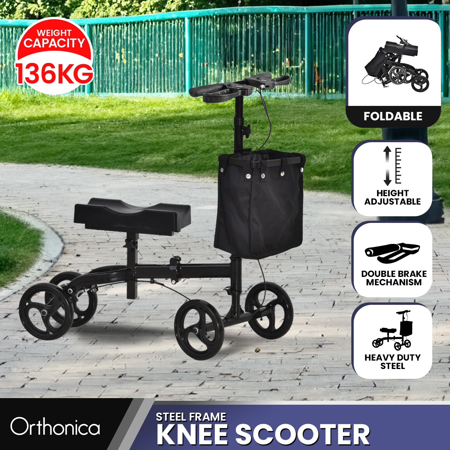 Heavy-Duty Steel Foldable Knee Walker Scooter with Brakes