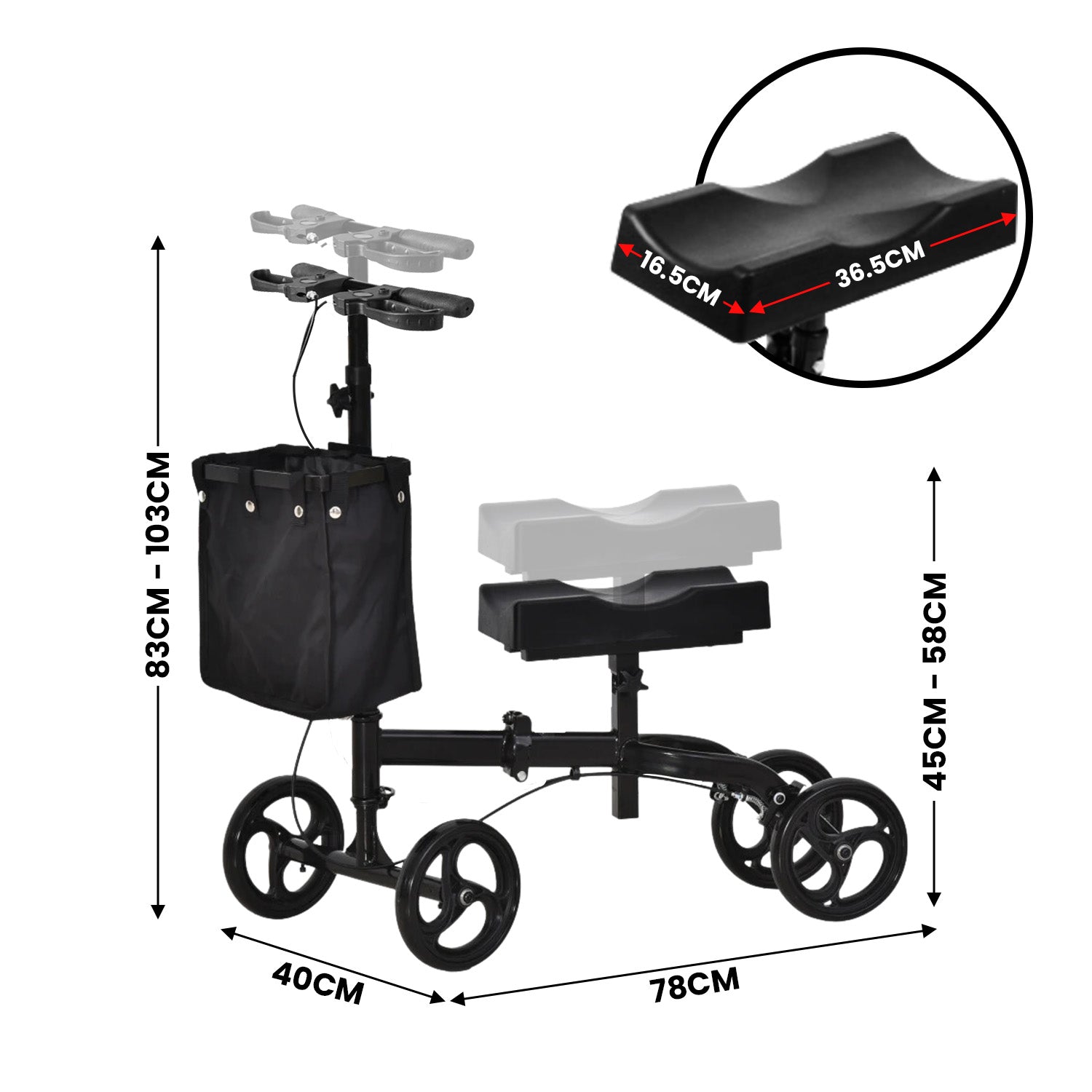 Heavy-Duty Steel Foldable Knee Walker Scooter with Brakes