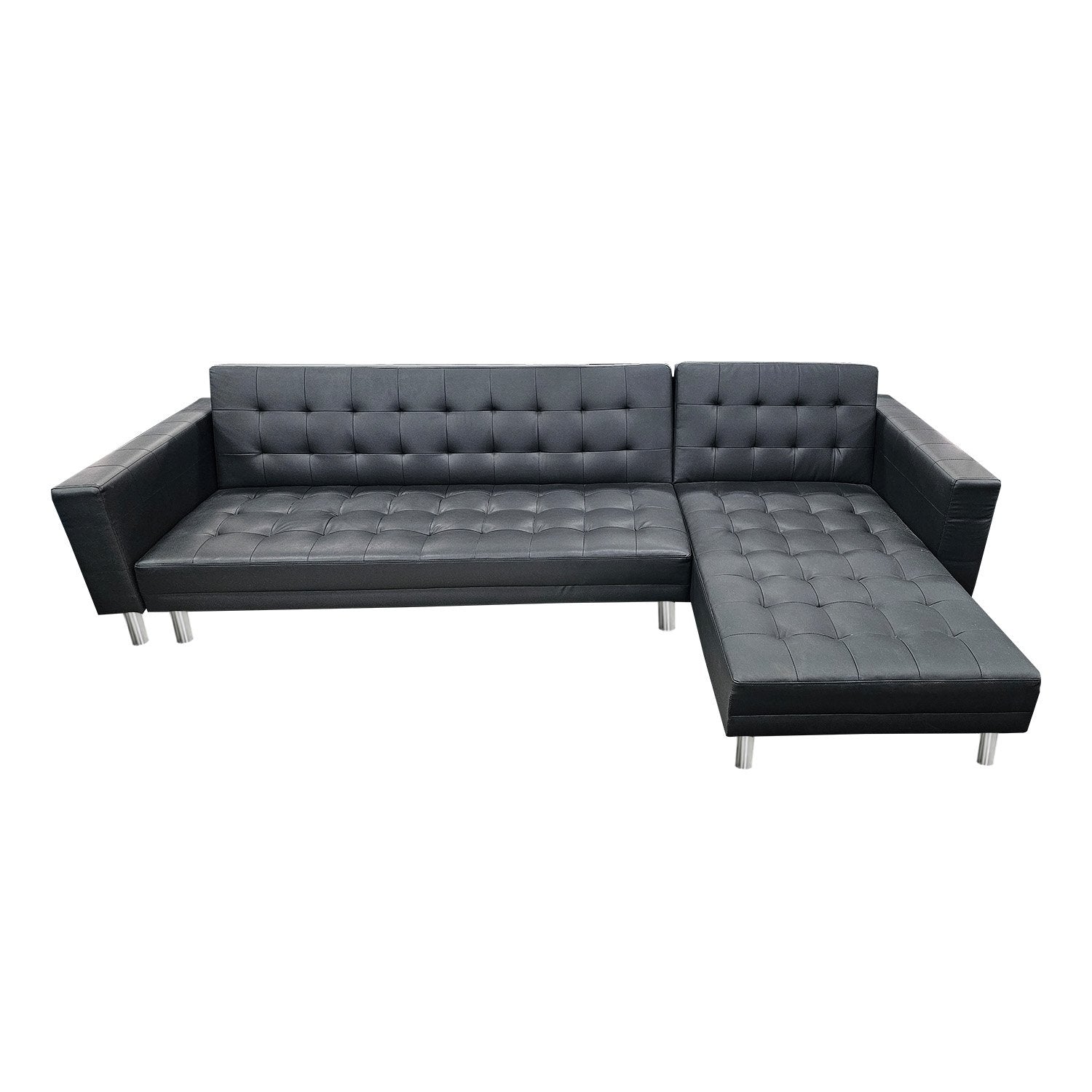 Black Faux Leather Adjustable Corner Sofa Bed with Chaise