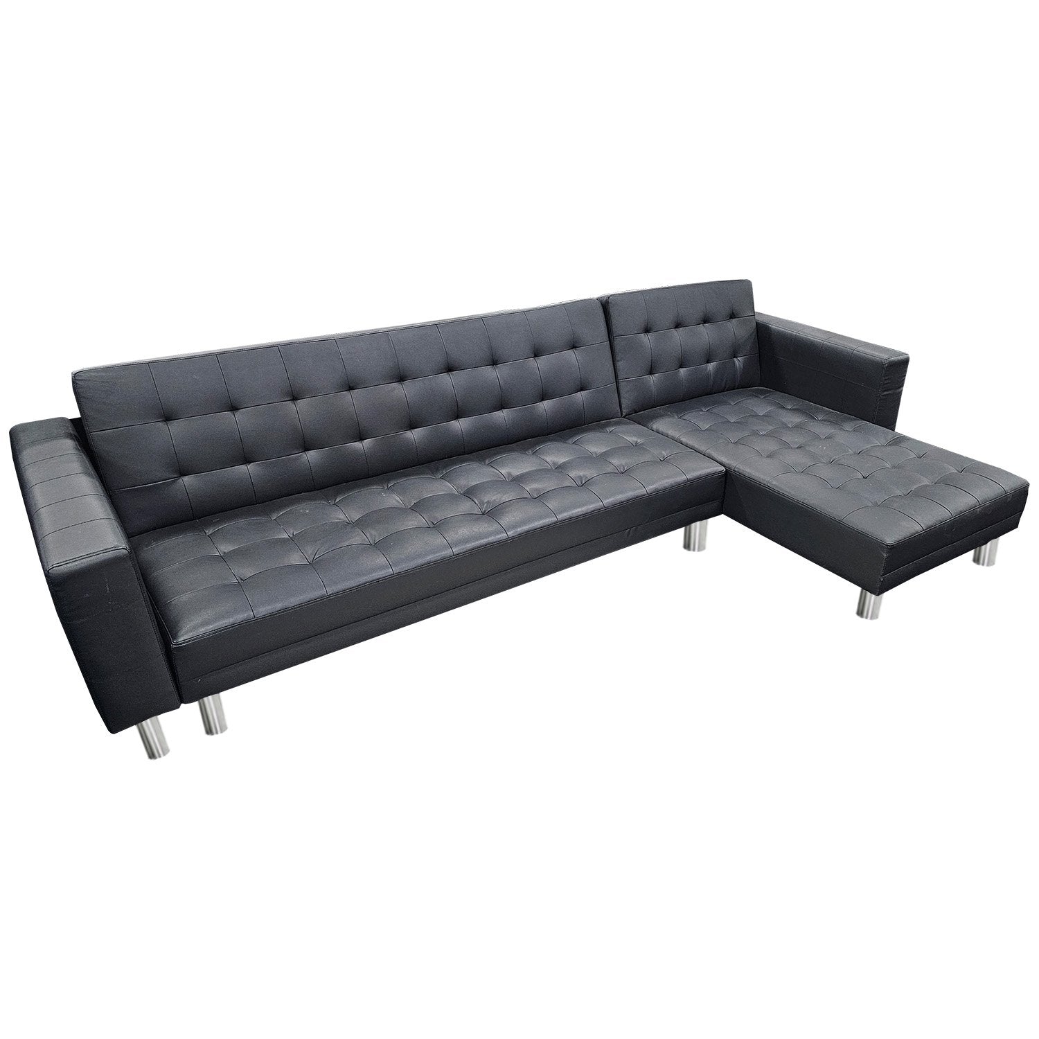 Black Faux Leather Adjustable Corner Sofa Bed with Chaise