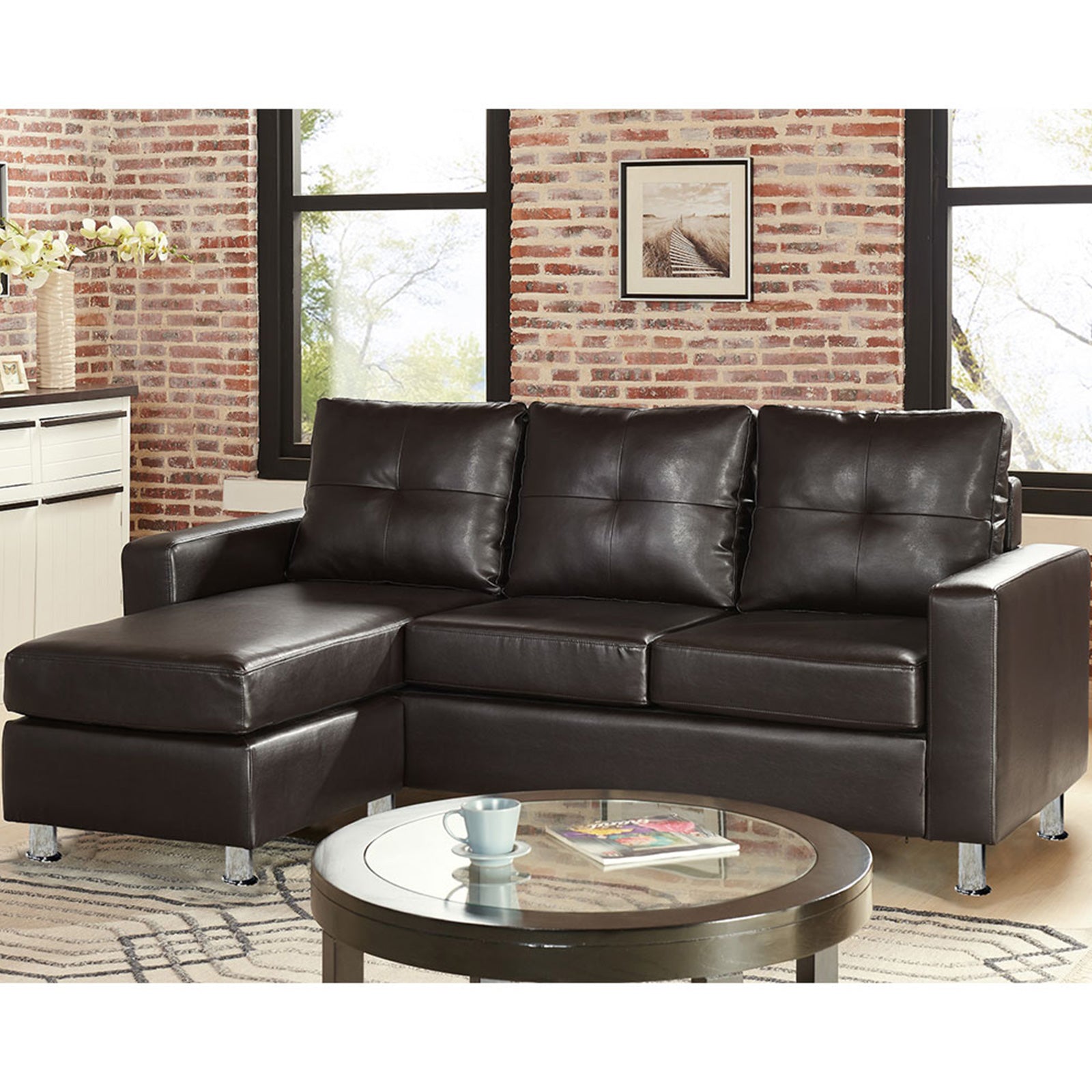 Faux Leather Corner Sofa with Chaise, 3-Seater, Brown