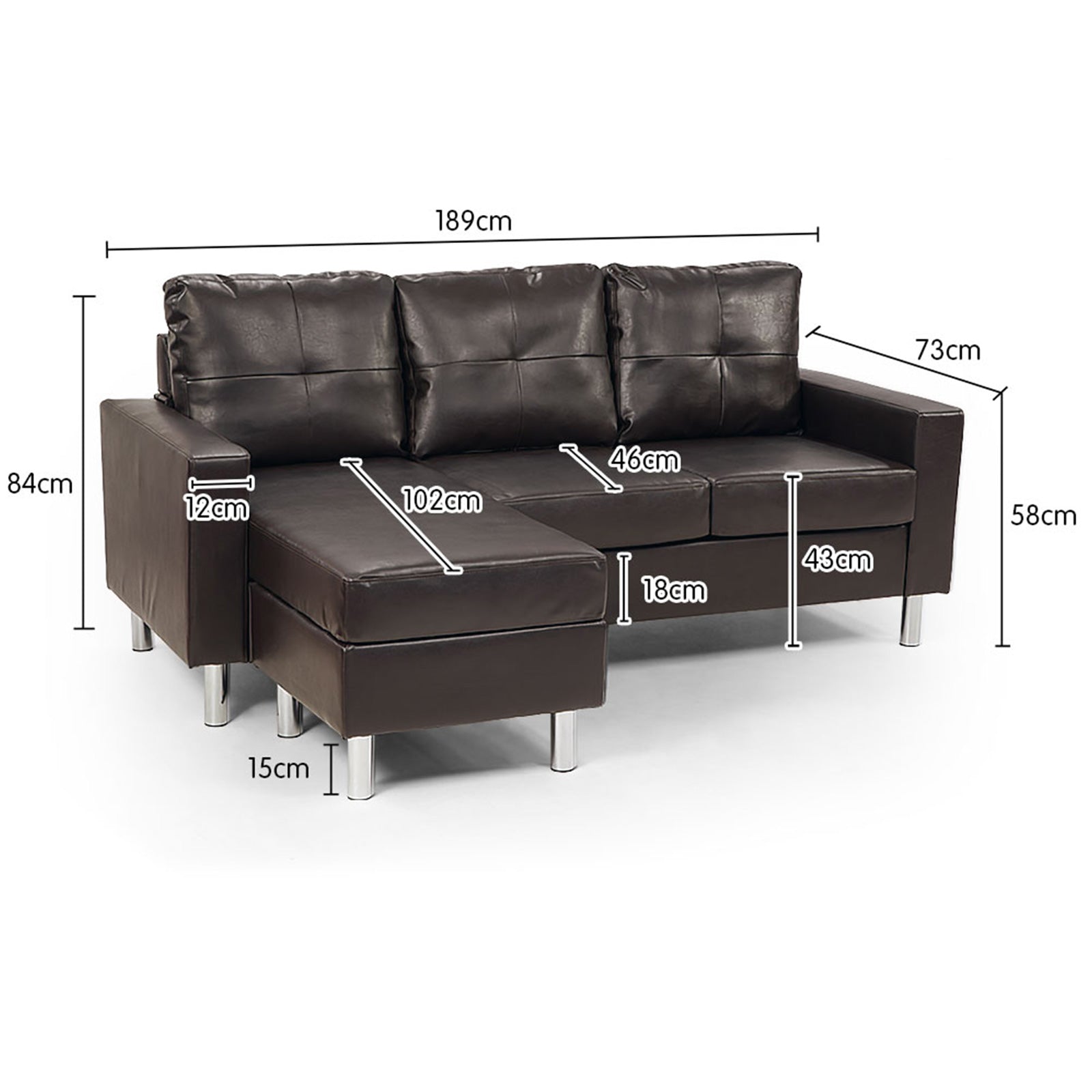 Faux Leather Corner Sofa with Chaise, 3-Seater, Brown