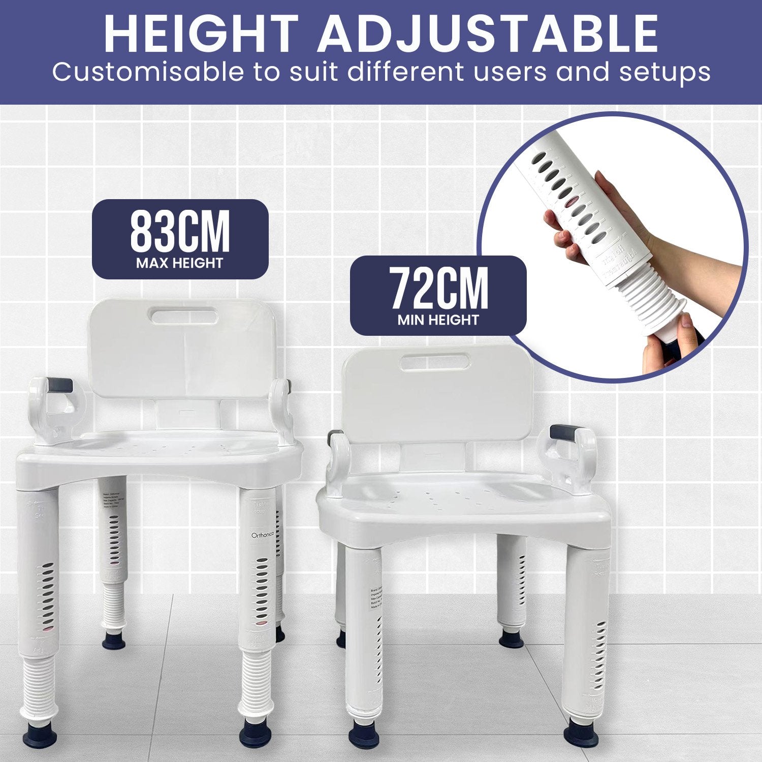 Orthonica Premium Adjustable Shower Chair with Armrests 158kg Capacity