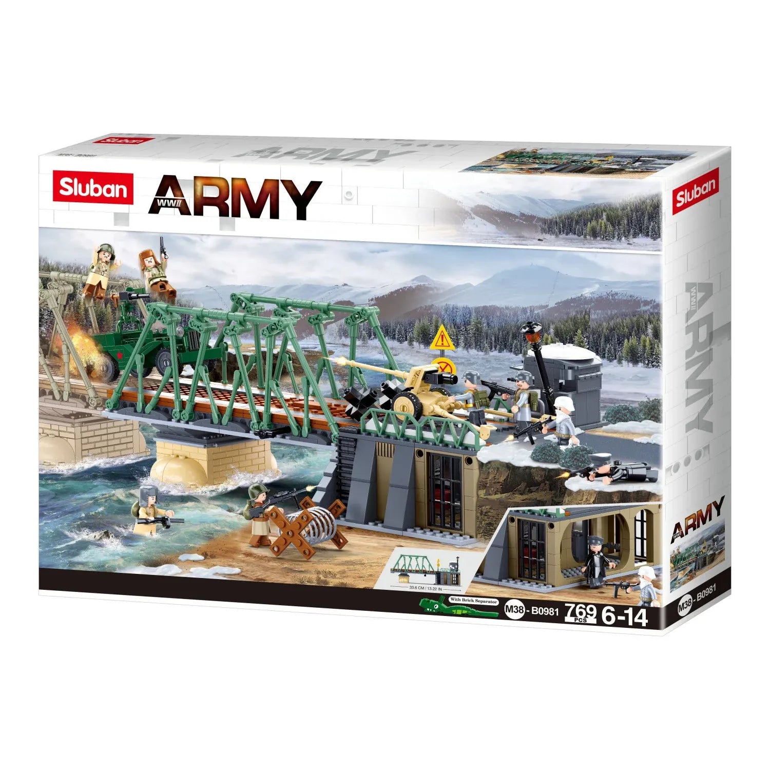 Sluban B0981 Model Kit WWII Battle of Budapest Winter Counter Attack Military Bridge Checkpoint Diorama Army DIY Set Toy