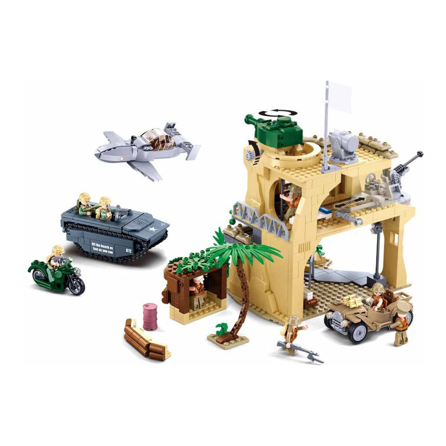 Sluban B1111 Model Kit WWII Battle of Iwo Jima Island Bunker Landing Craft Army Military Base Diorama Blocks DIY Set Toy