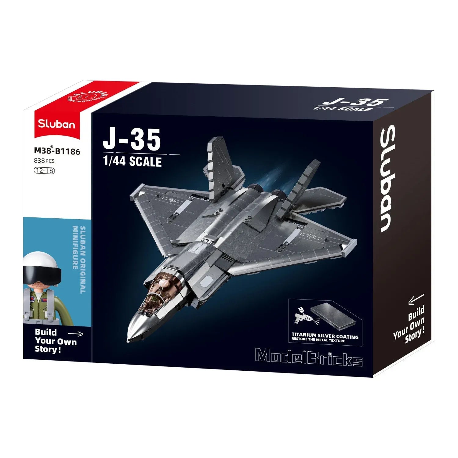 Sluban B1186 Model Kit 1:44 J35 Carrier Fighter Chinese Stealth Jet Plane Modern PLAAF Building Blocks DIY Set Toy