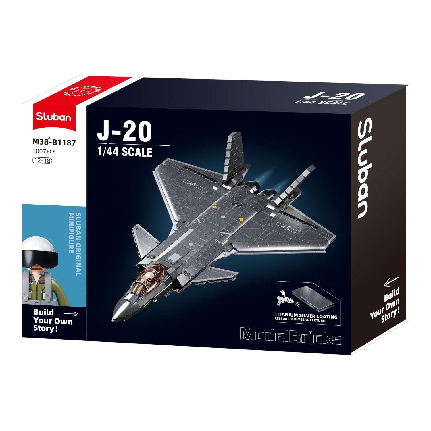 Sluban B1187 Model Kit 1:44 J20 Mighty Dragon Chinese Stealth Fighter Jet Plane Modern PLAAF Building Block DIY Set Toy