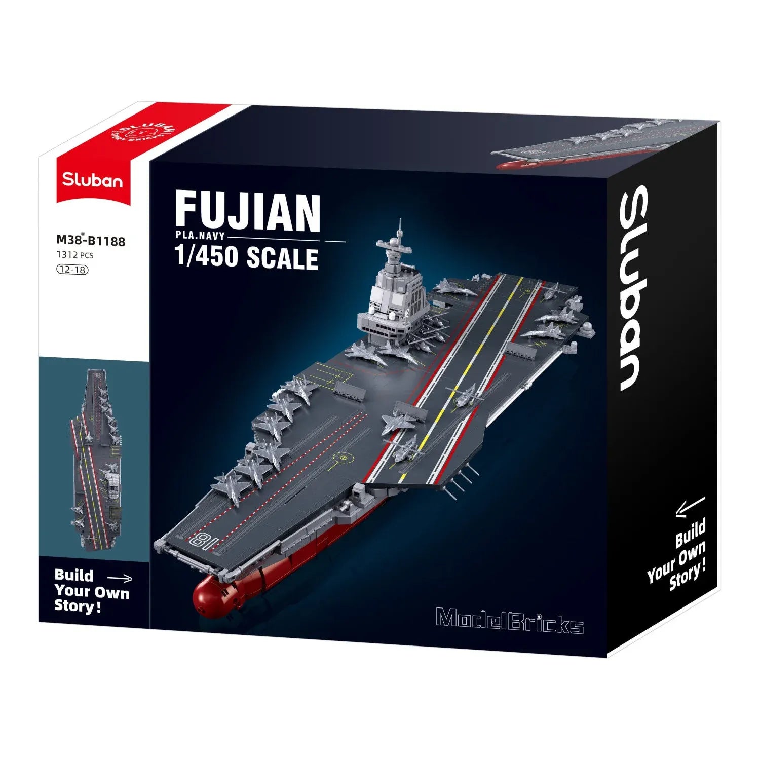 Sluban B1188 Model Kit 1:450 Aircraft Carrier Fujian Type 003 Chinese PLAN Warship Navy Vessel Boat Blocks DIY Set Toy
