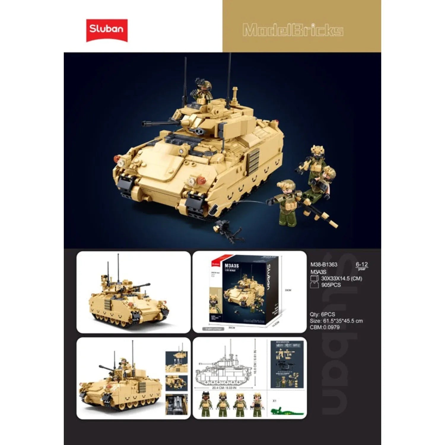 Sluban B1363 Model Kit 1:35 M3A3 Bradley Armored Infantry Vehicle IFV AFV Modern US Army Military Building Blocks DIY Set Toy