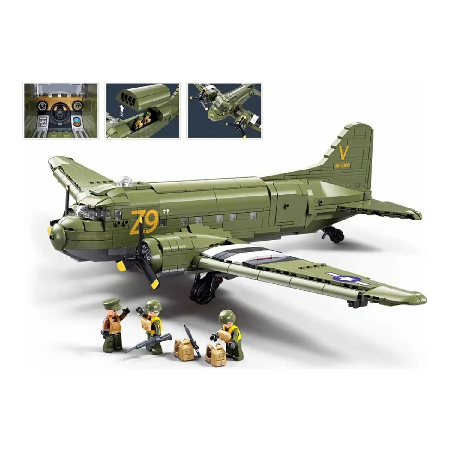 Sluban B1366 Model Kit 1:44 C47 Skytrain Airtrain Cargo Transport Aircraft WWII Air Force Building Blocks DIY Set Toy