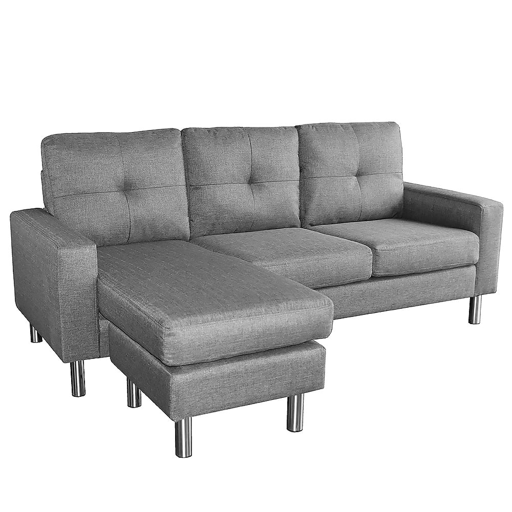 Adjustable Linen Corner Sofa, Chaise, Metal Legs, Grey - Sarantino