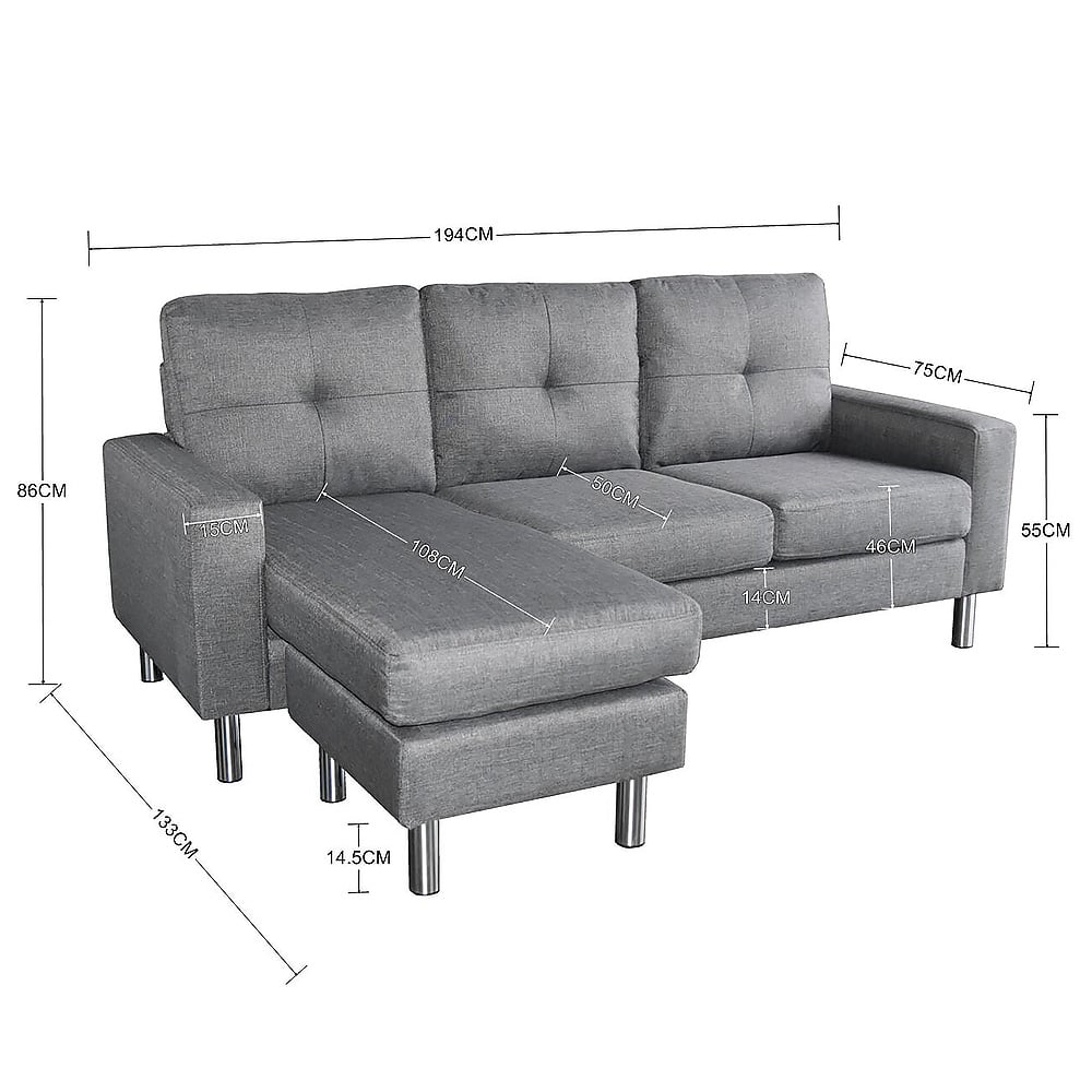 Adjustable Linen Corner Sofa, Chaise, Metal Legs, Grey - Sarantino