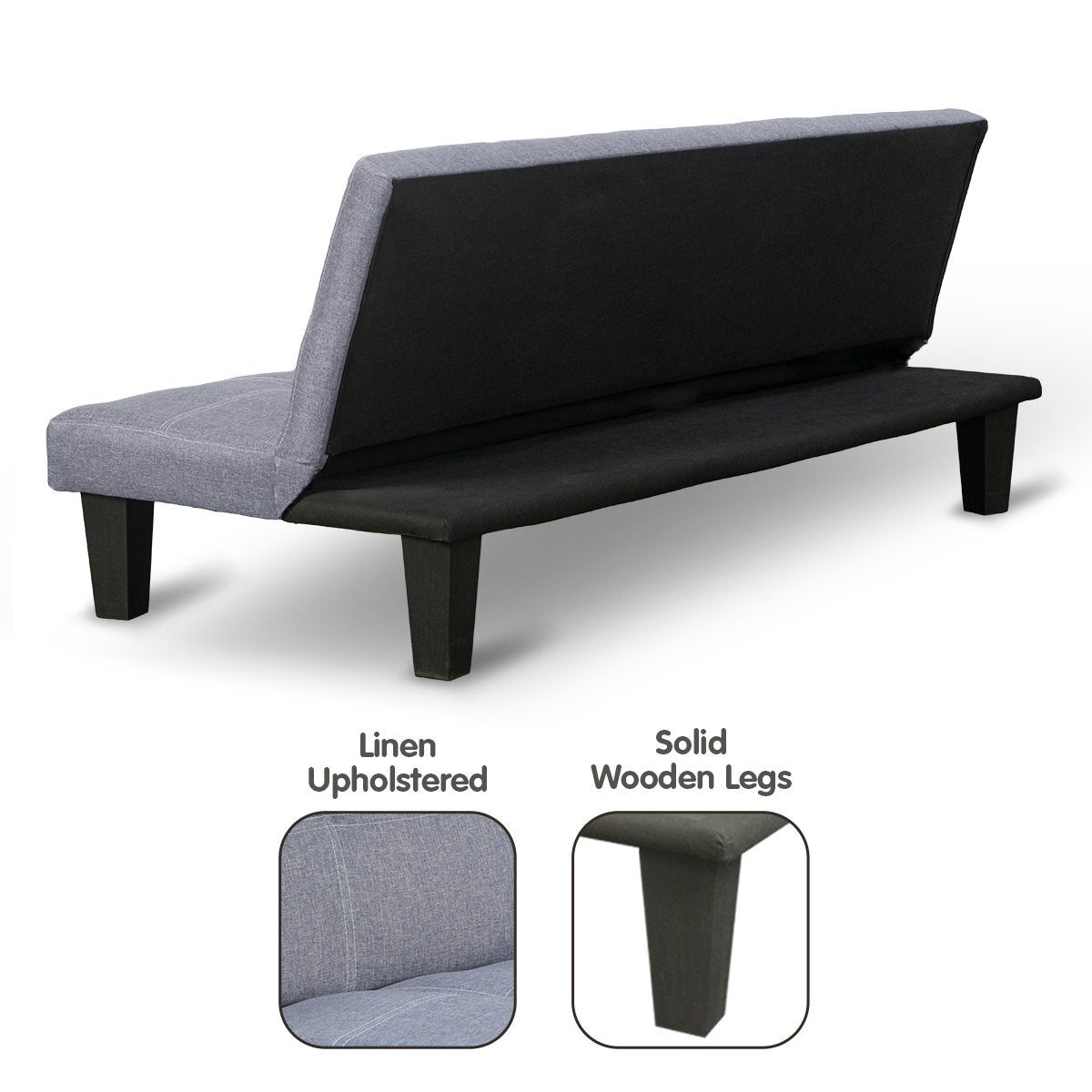 Dark Grey Adjustable Linen Sofa Bed Lounge with Wooden Frame