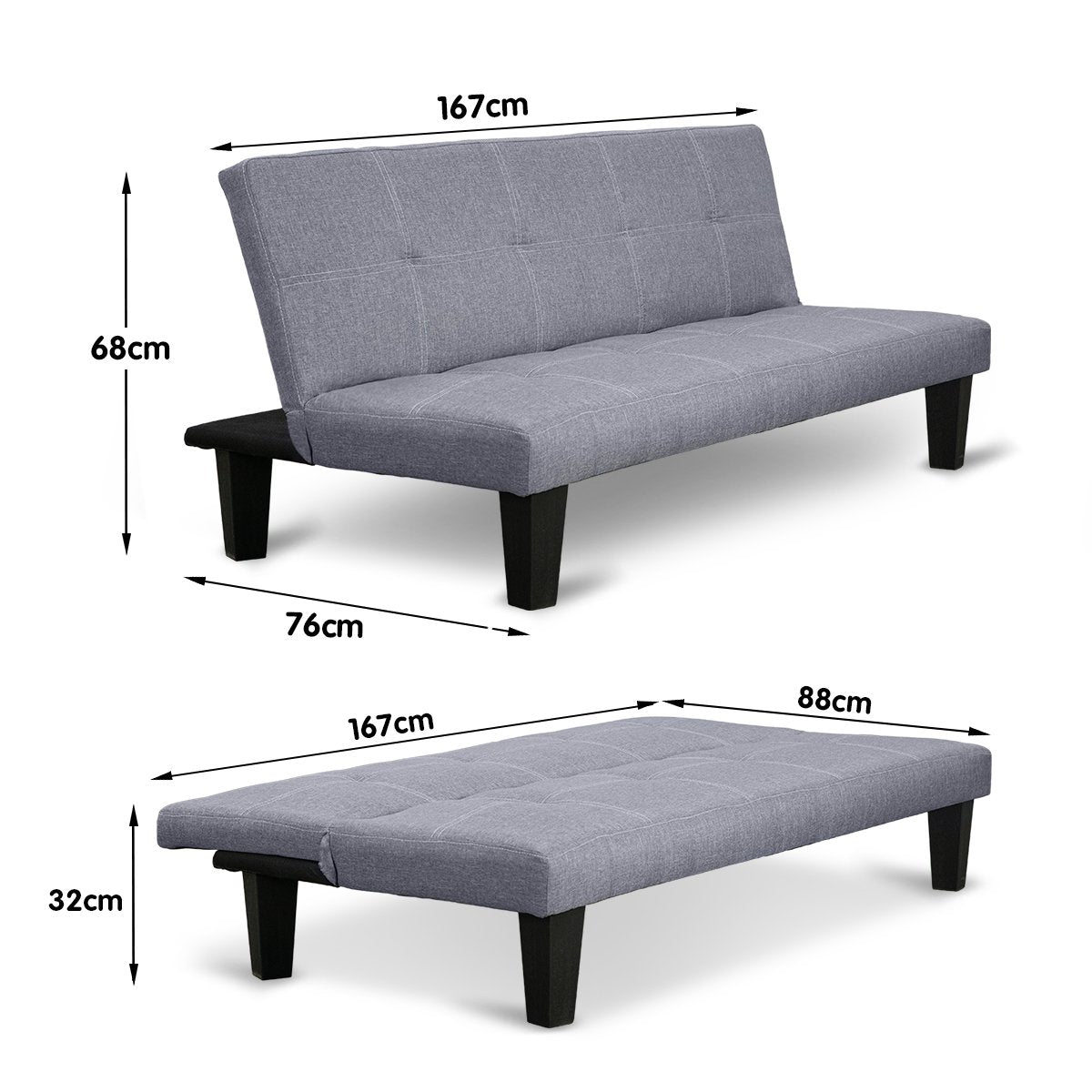 Dark Grey Adjustable Linen Sofa Bed Lounge with Wooden Frame