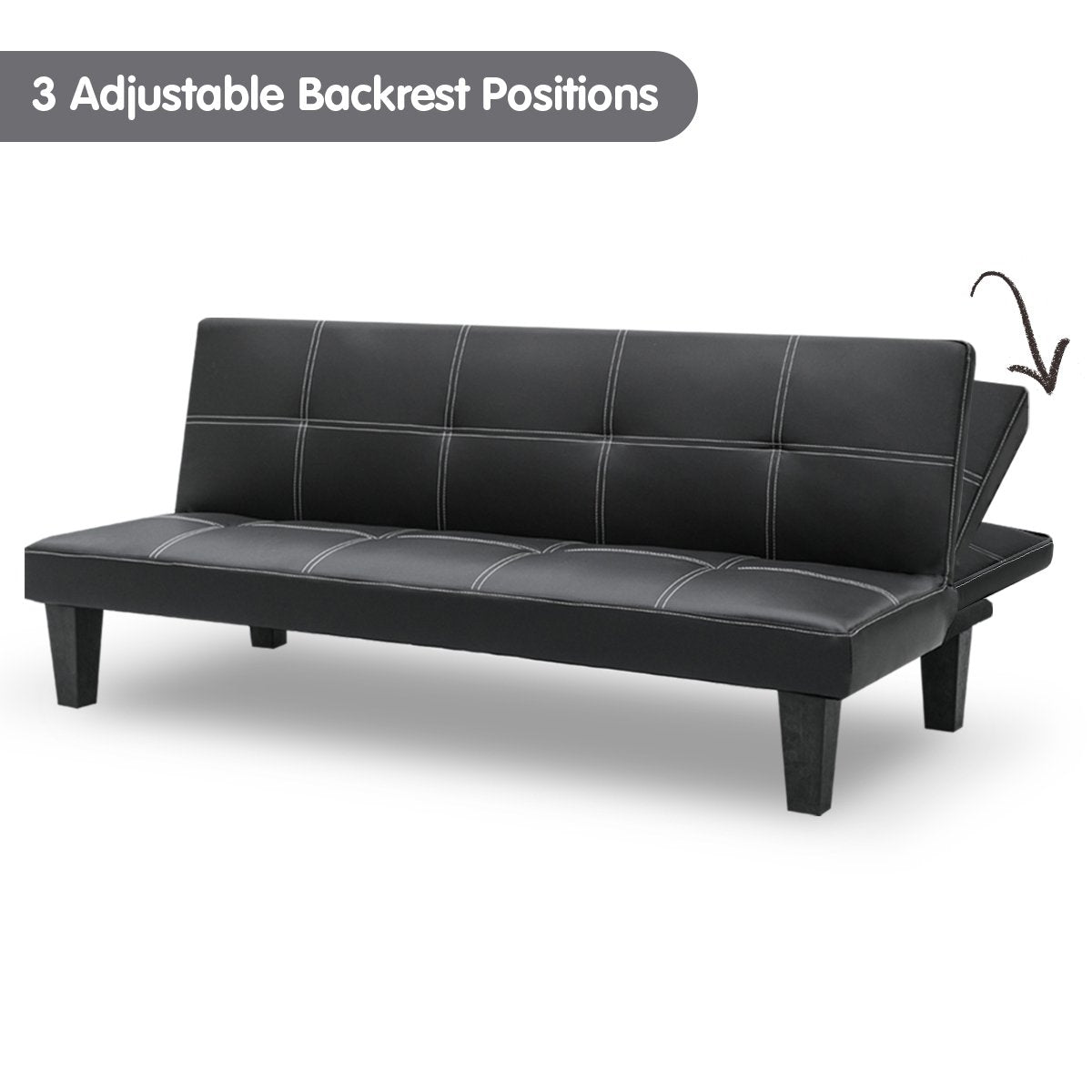 Black PU Leather 2-Seater Sofa Bed with Wooden Frame, Sarantino