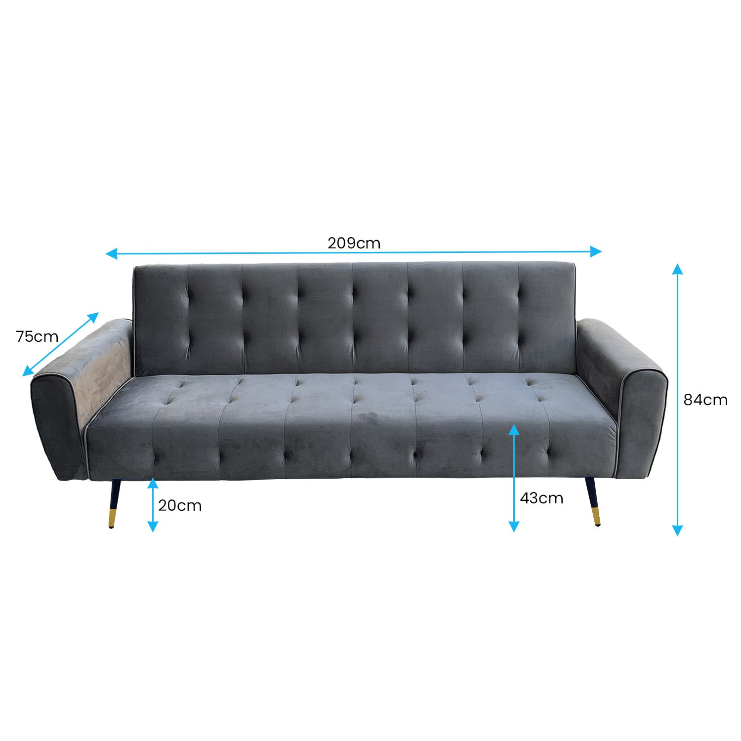 Premium Velvet Tufted Sofa Bed, Metal Legs - 3-Seater, Sarantino