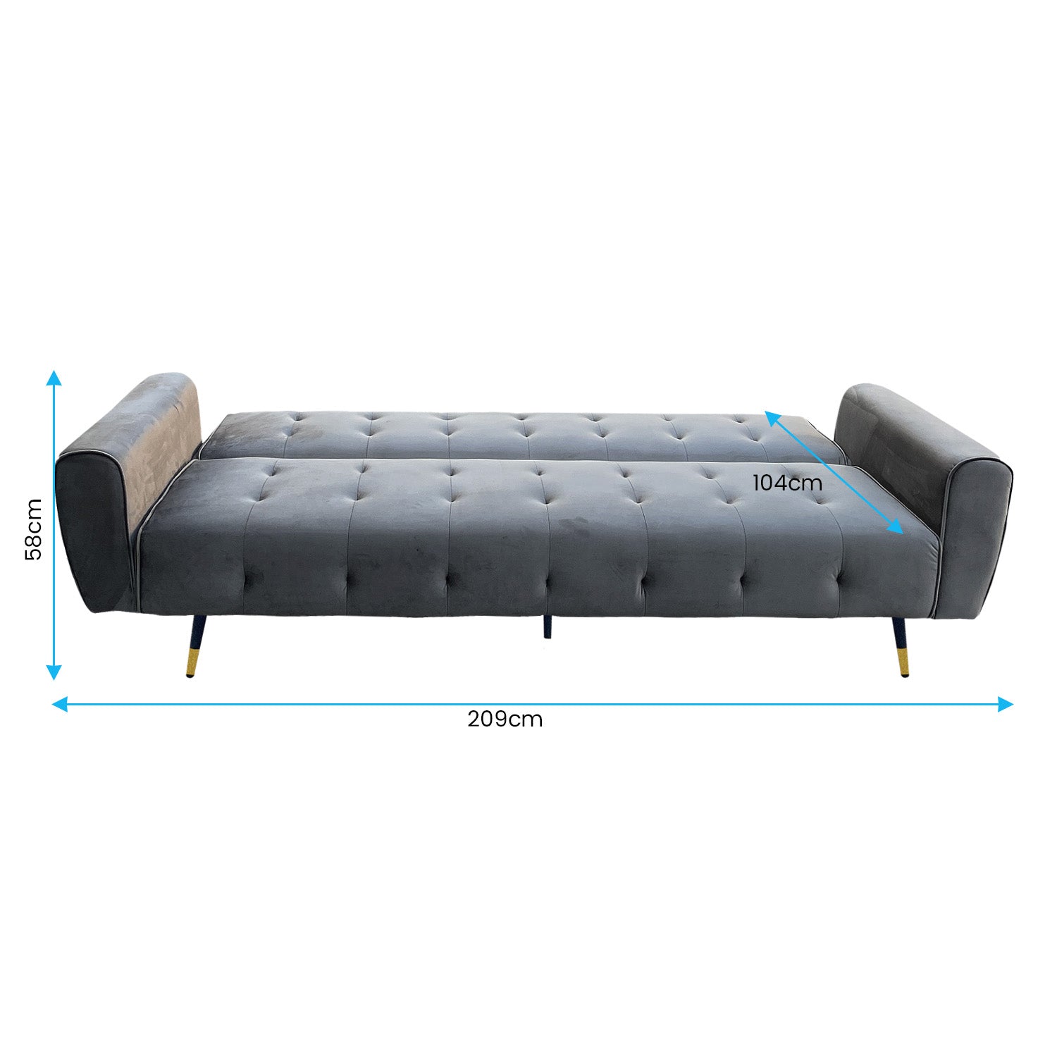 Premium Velvet Tufted Sofa Bed, Metal Legs - 3-Seater, Sarantino