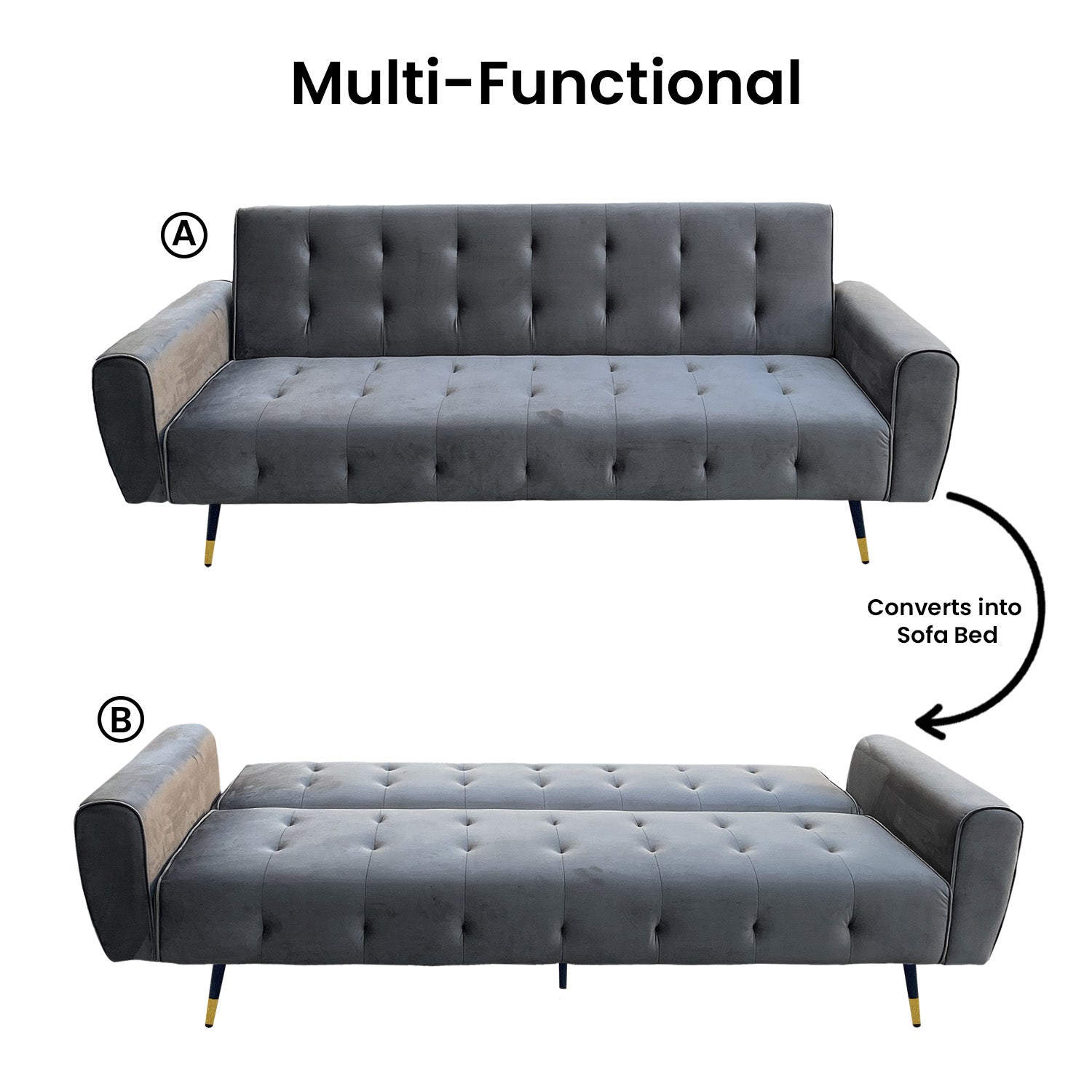 Premium Velvet Tufted Sofa Bed, Metal Legs - 3-Seater, Sarantino