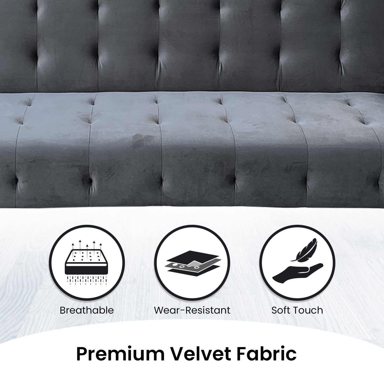 Premium Velvet Tufted Sofa Bed, Metal Legs - 3-Seater, Sarantino