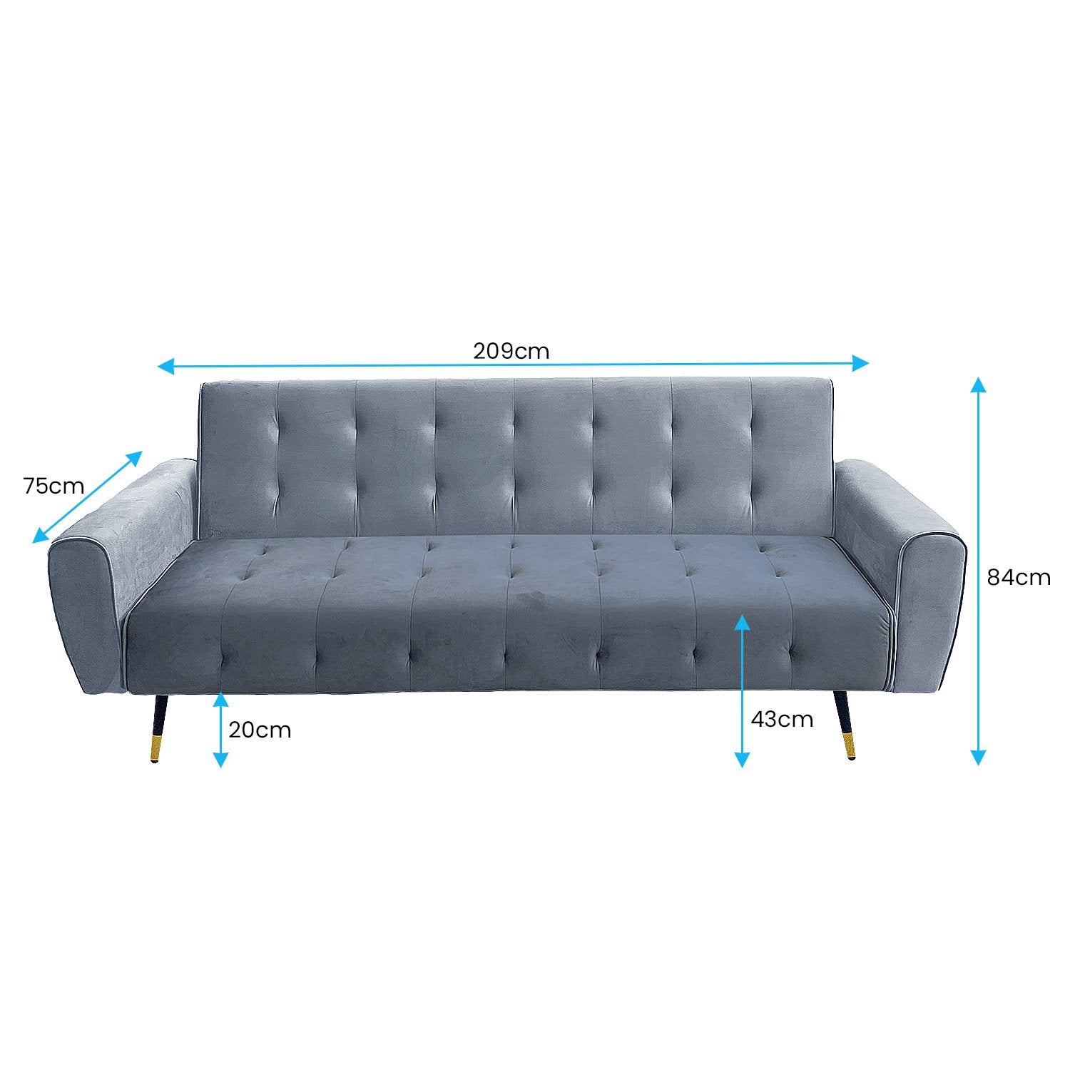 Light Grey Tufted Velvet 3-Seater Sofa Bed, Reinforced - Sarantino