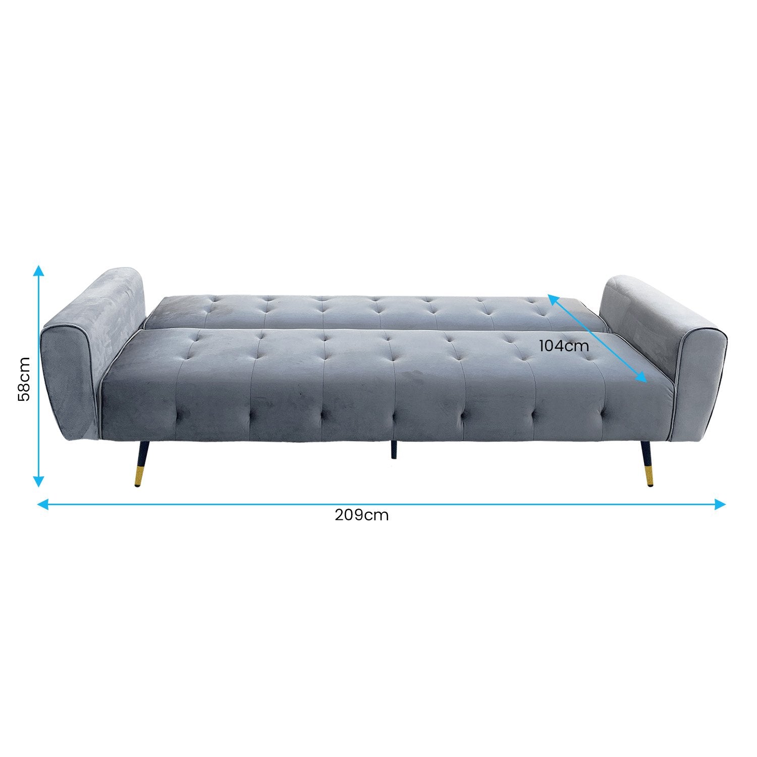 Light Grey Tufted Velvet 3-Seater Sofa Bed, Reinforced - Sarantino