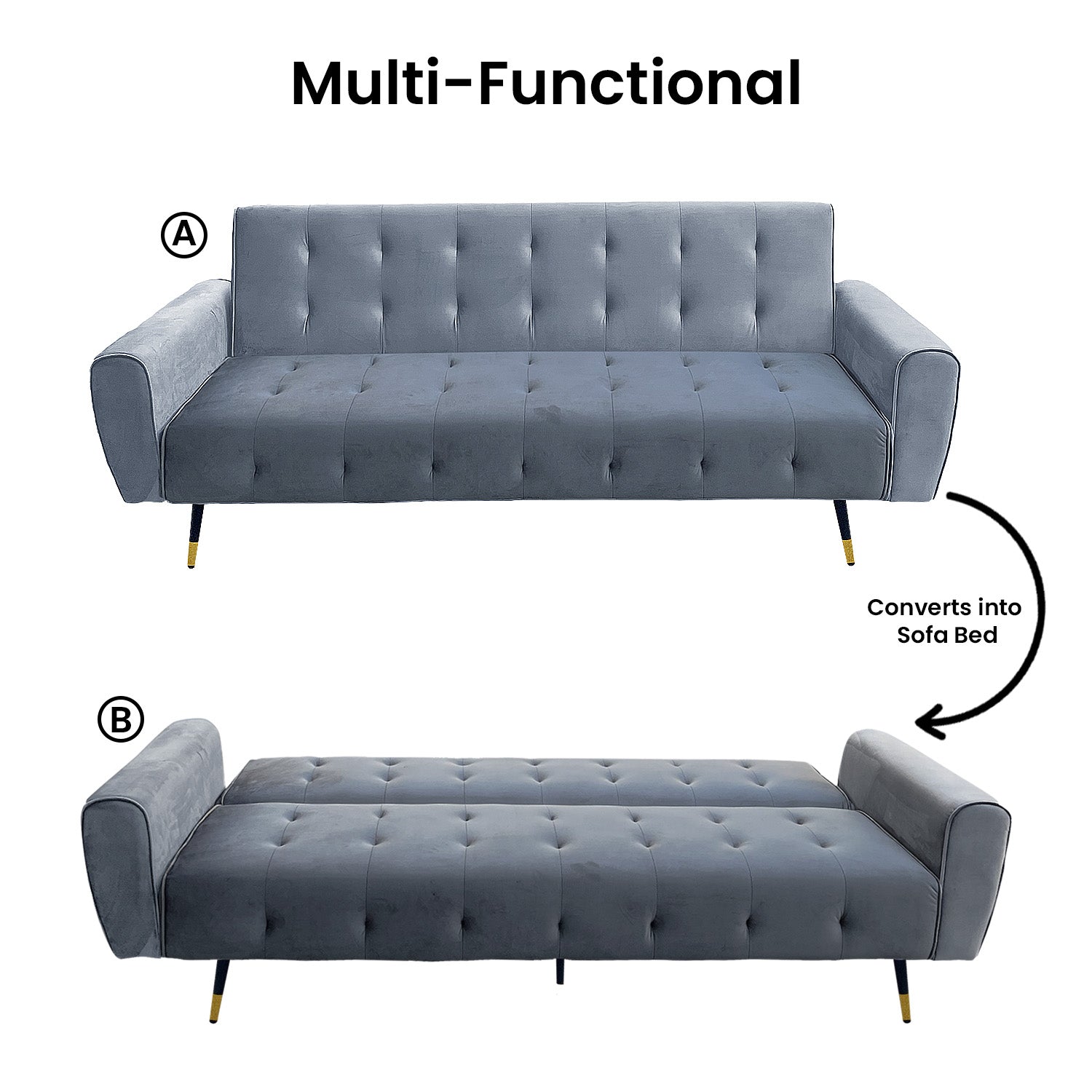 Light Grey Tufted Velvet 3-Seater Sofa Bed, Reinforced - Sarantino