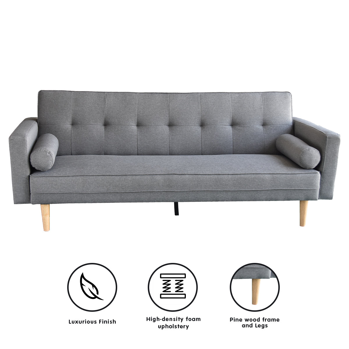 Light Grey Linen Sofa Bed, Adjustable, Tufted, Pine Wood