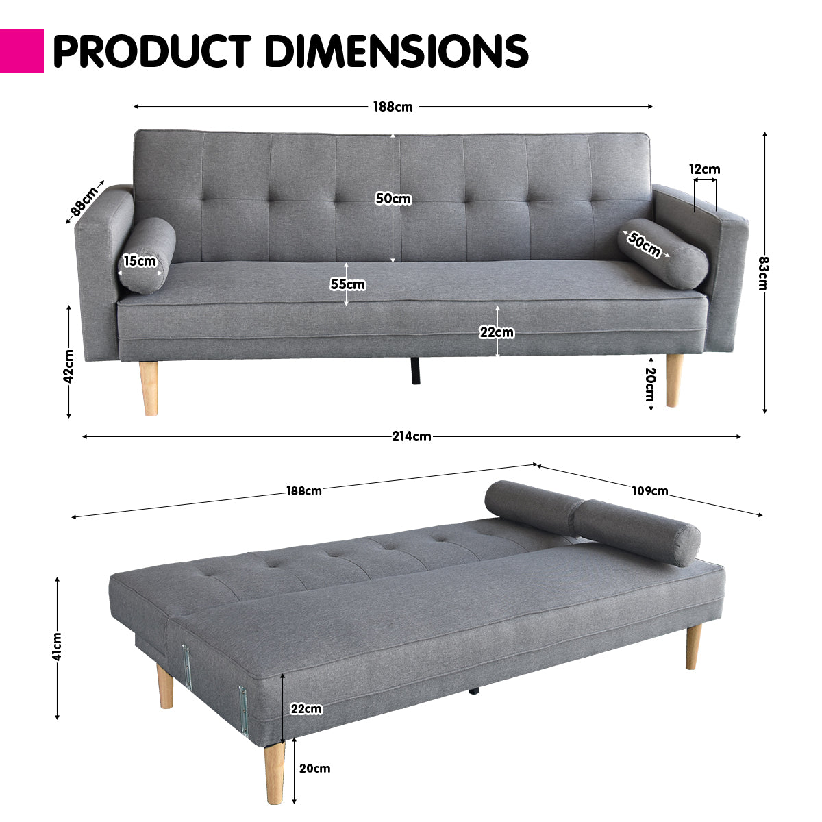 Light Grey Linen Sofa Bed, Adjustable, Tufted, Pine Wood