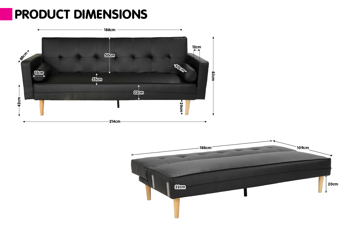 Adjustable Faux Leather Sofa Bed, High-Density Foam - Sarantino