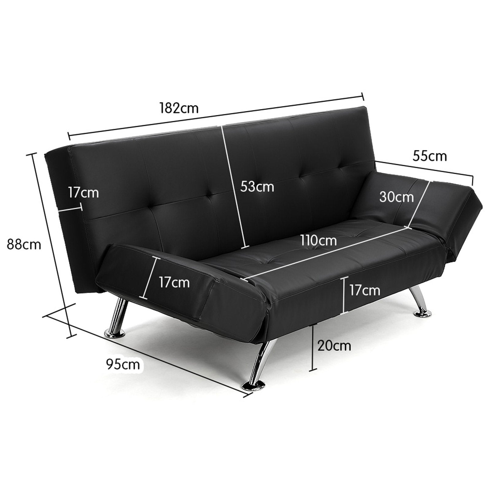 Adjustable Faux Leather Sofa Bed with Chrome Legs - Sarantino