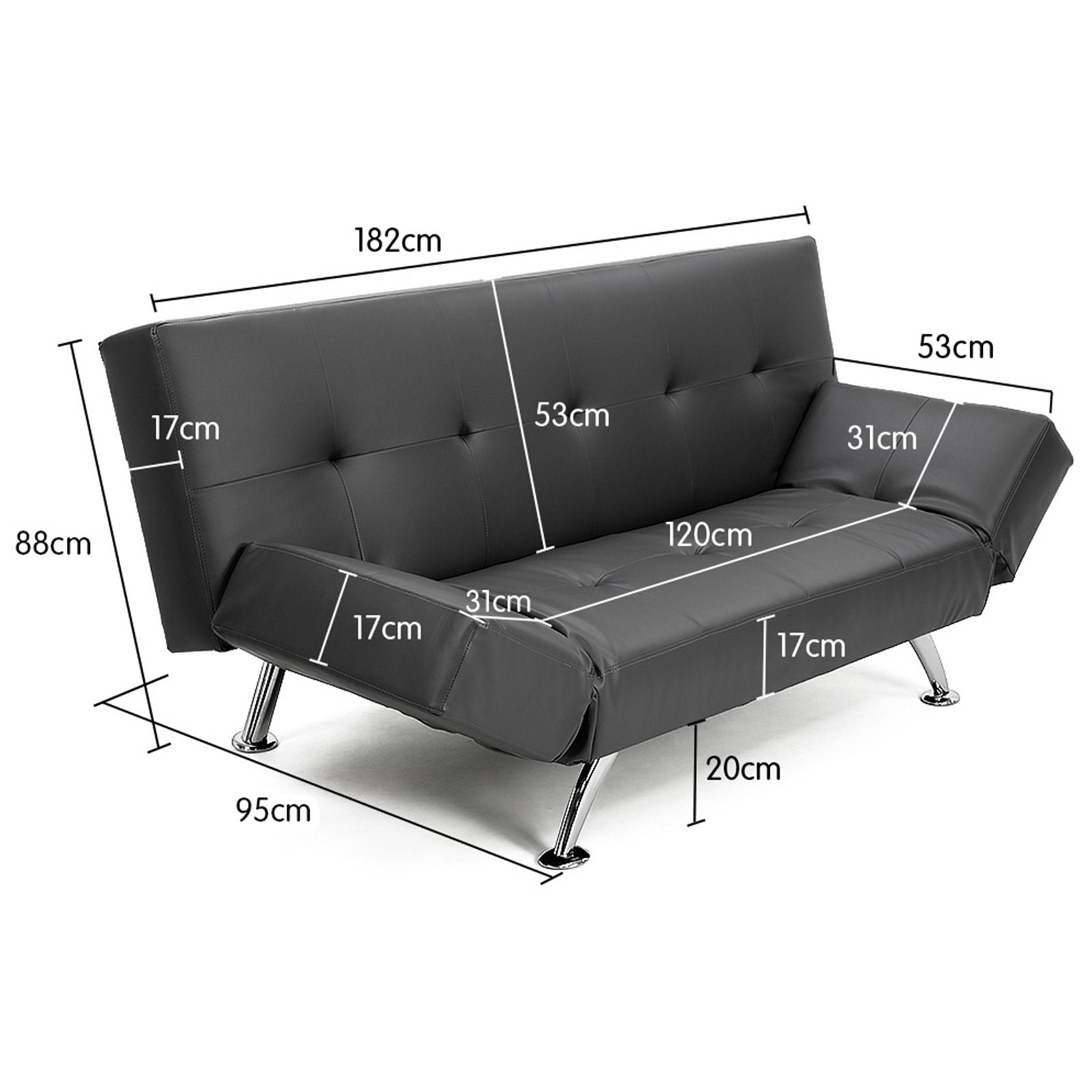 Adjustable Faux Leather Sofa Bed with Chrome Legs - Sarantino