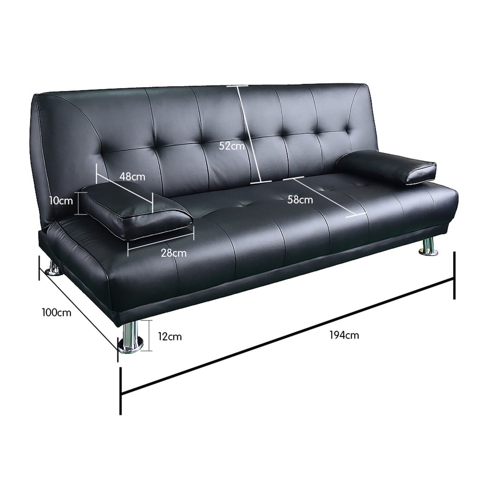 Black Faux Leather Sofa Bed Futon, Pine Frame - Sarantino