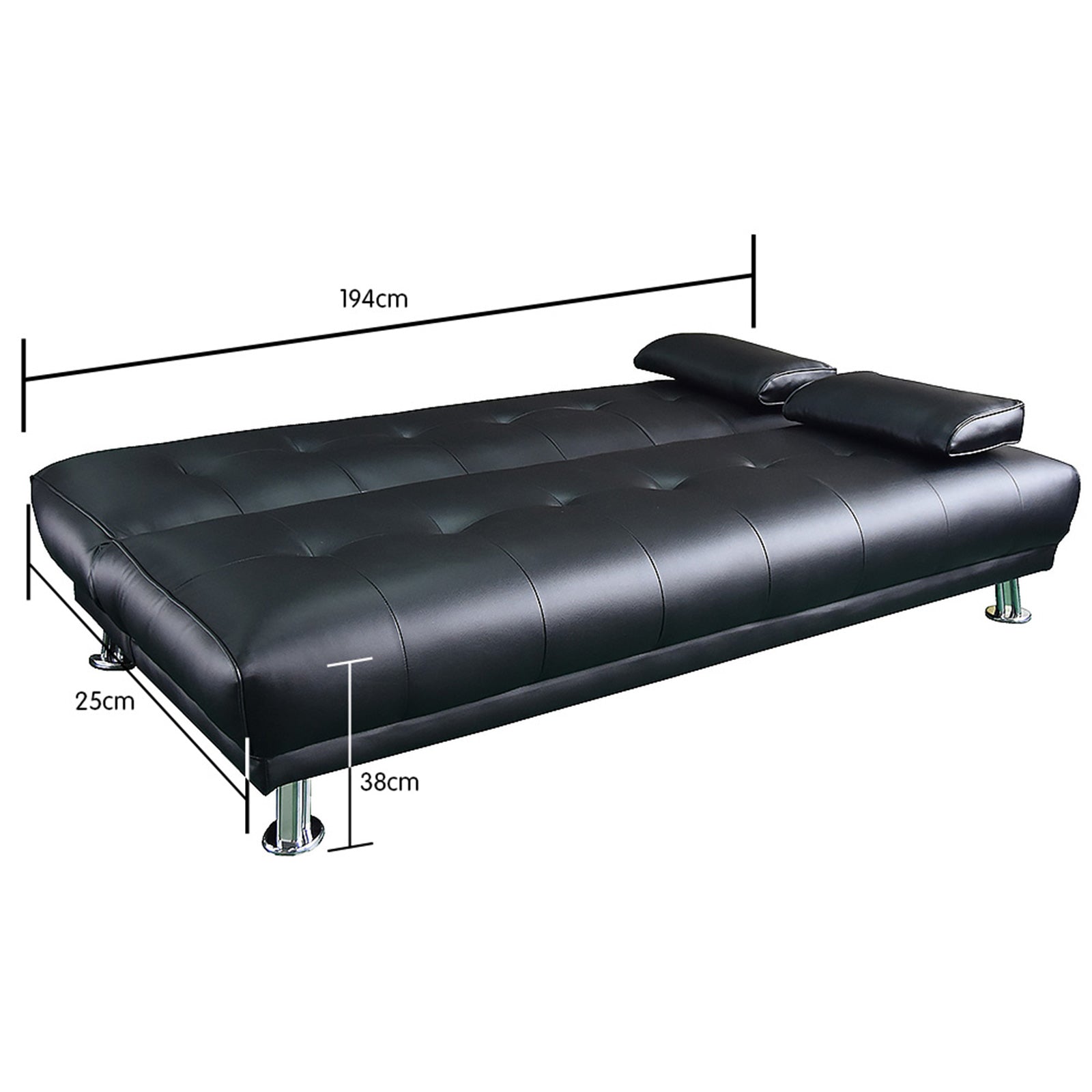 Black Faux Leather Sofa Bed Futon, Pine Frame - Sarantino