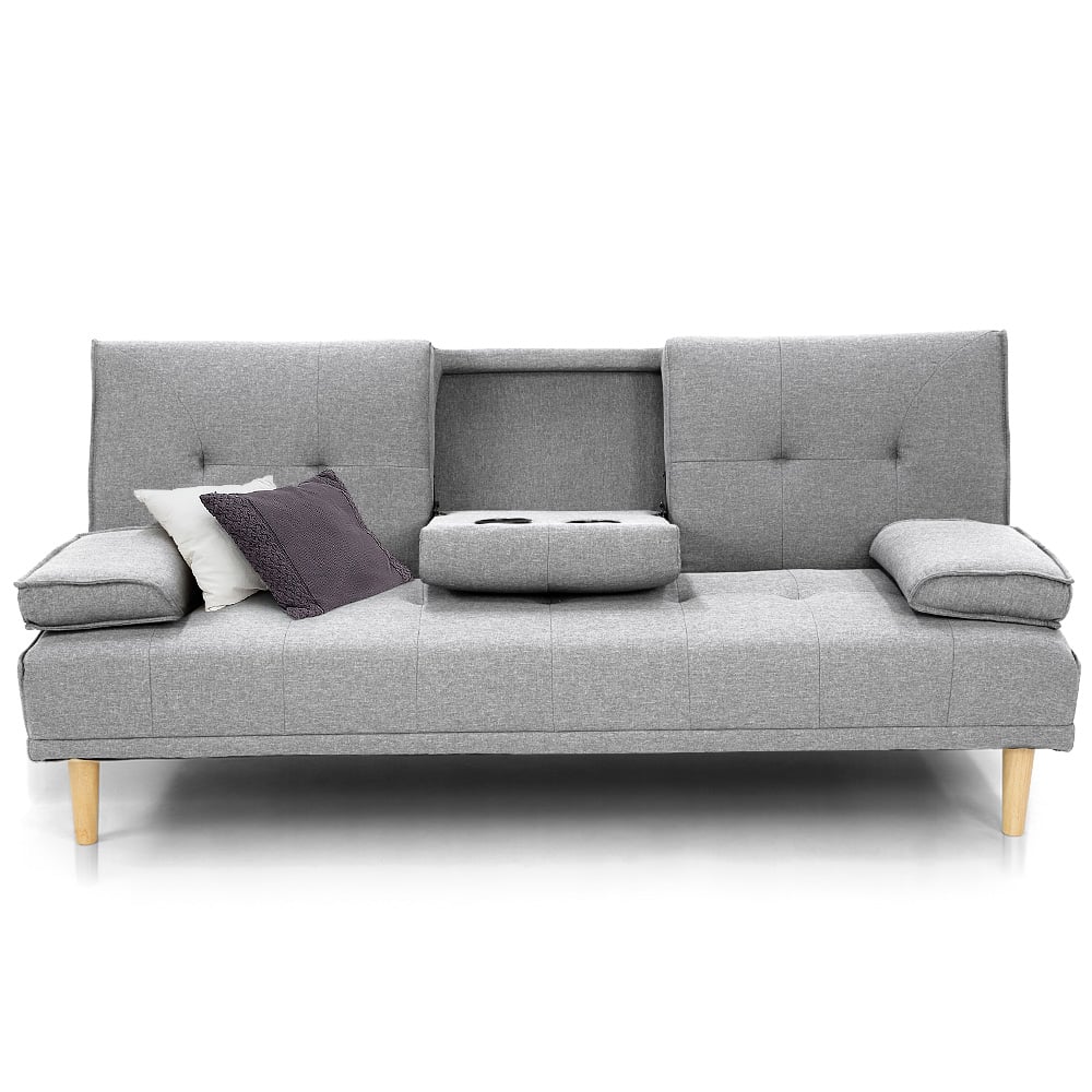 Light Grey Linen Fabric Sofa Bed with Cup Holders & Wooden Frame