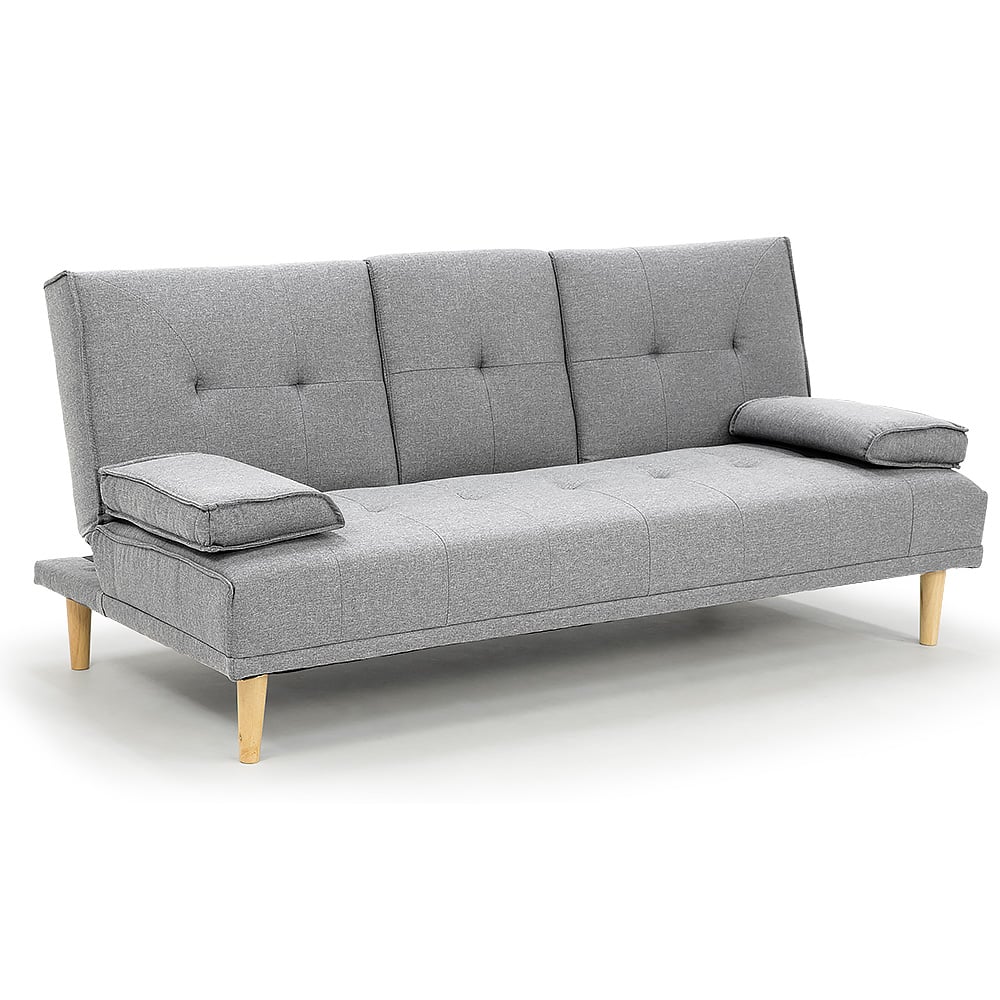 Light Grey Linen Fabric Sofa Bed with Cup Holders & Wooden Frame