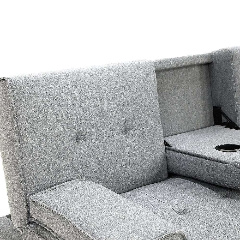 Light Grey Linen Fabric Sofa Bed with Cup Holders & Wooden Frame