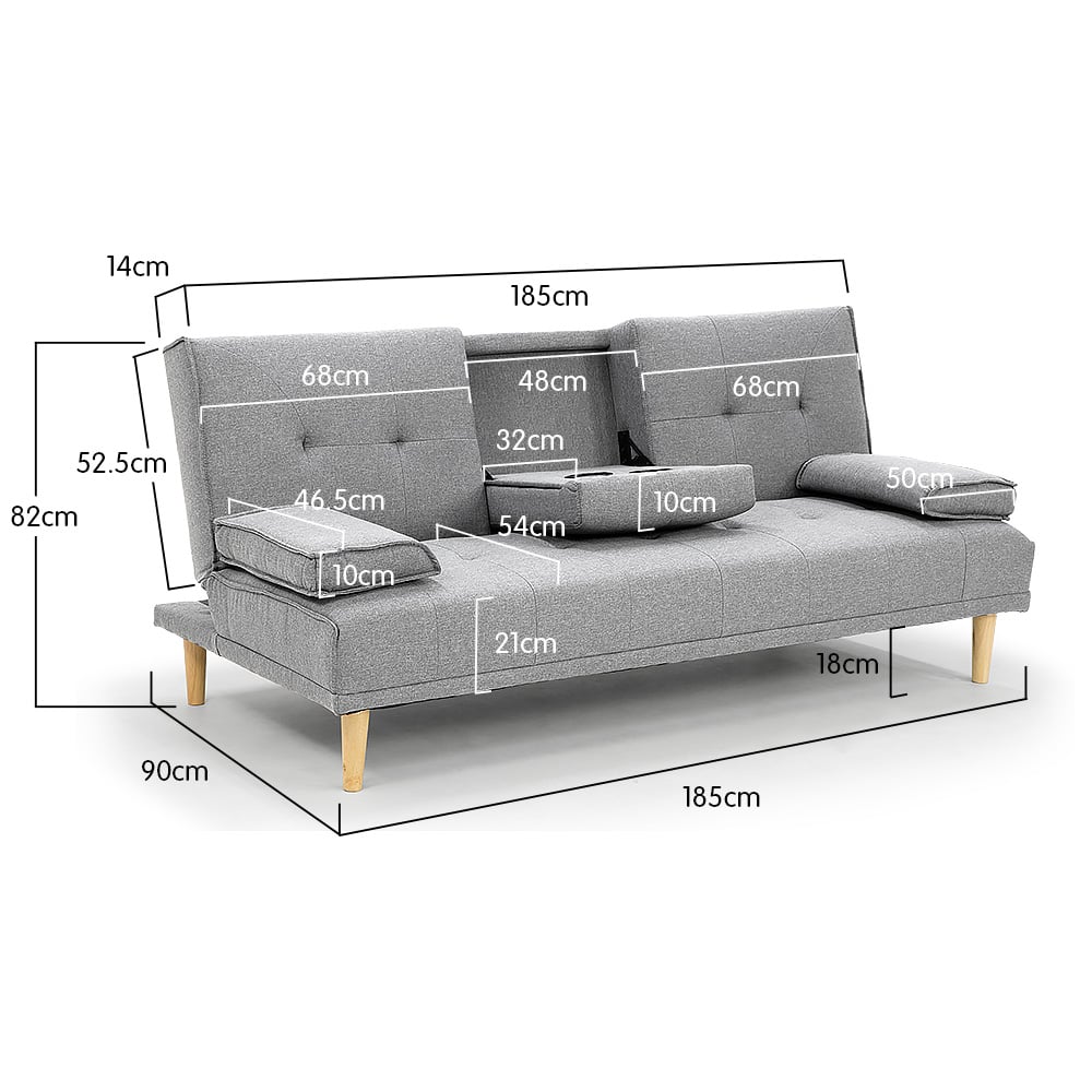 Light Grey Linen Fabric Sofa Bed with Cup Holders & Wooden Frame