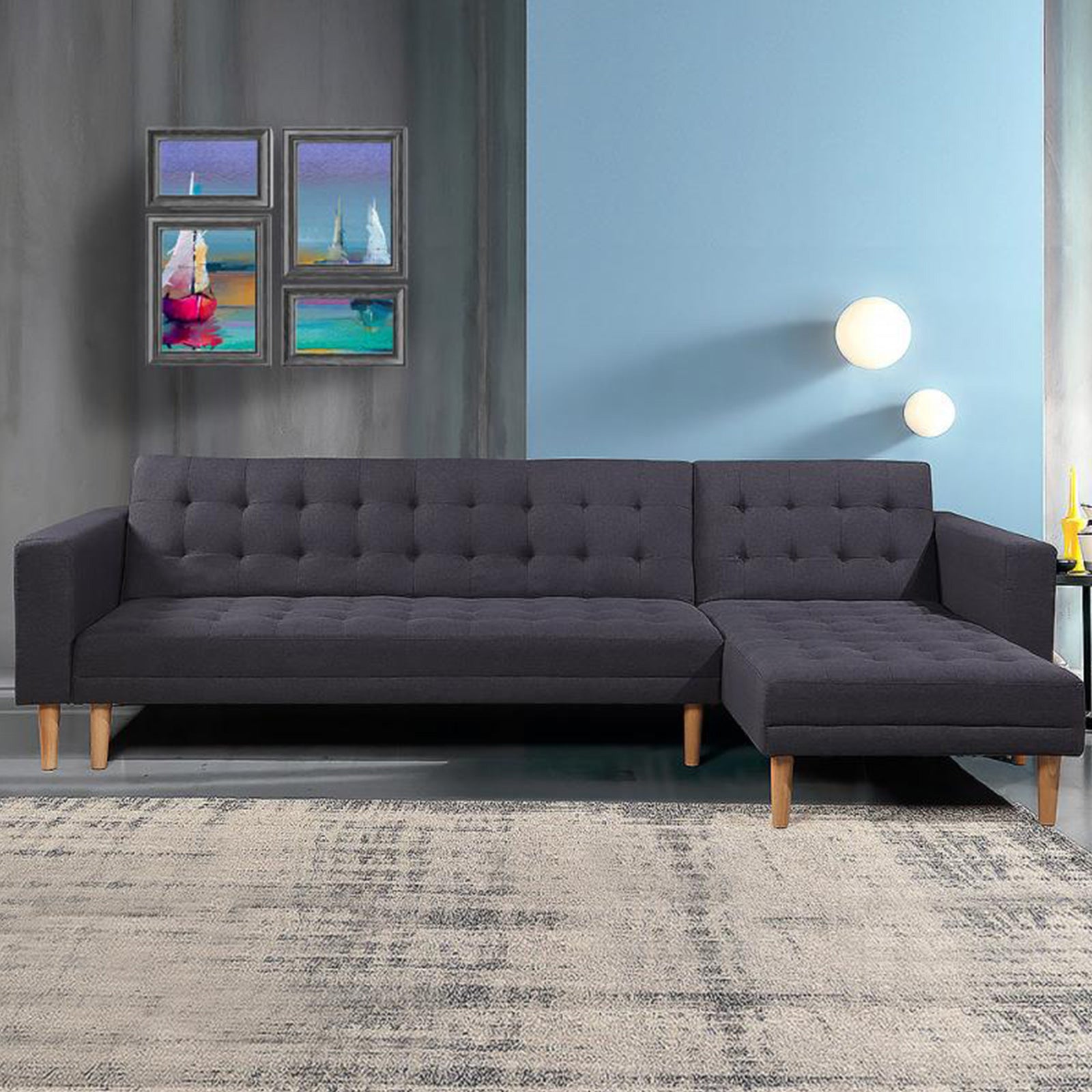 Dark Grey Linen Corner Sofa Bed with Chaise & Wooden Frame