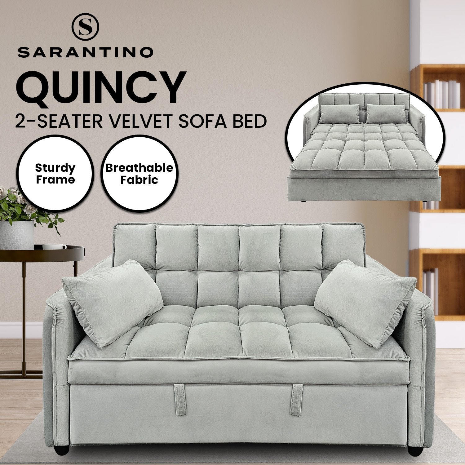 Tufted 2-Seater Velvet Sofa Bed, Wooden Frame, Light Grey - Sarantino