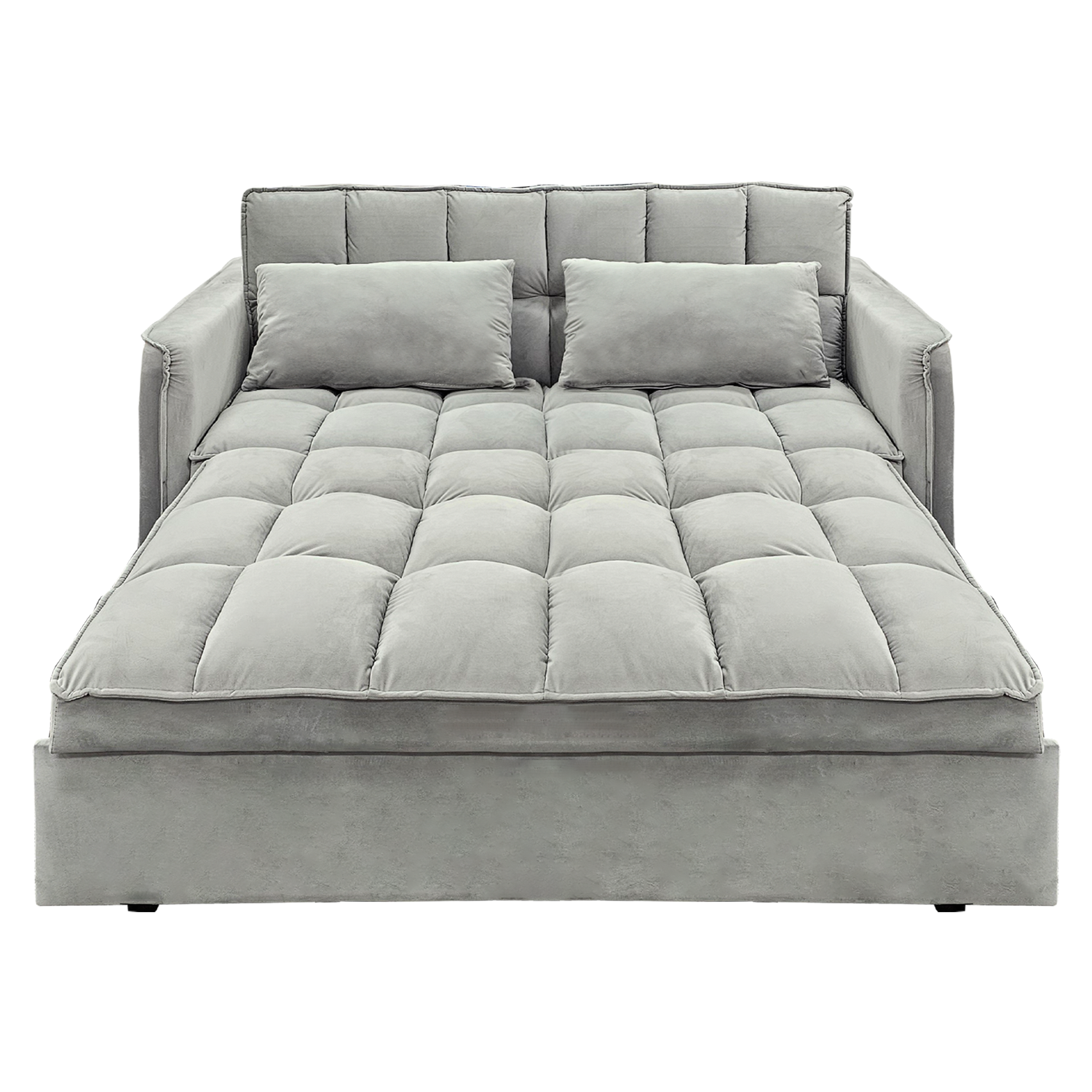 Tufted 2-Seater Velvet Sofa Bed, Wooden Frame, Light Grey - Sarantino