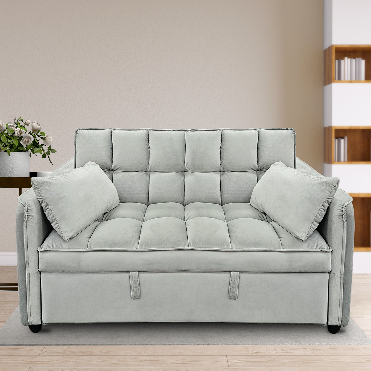 Tufted 2-Seater Velvet Sofa Bed, Wooden Frame, Light Grey - Sarantino